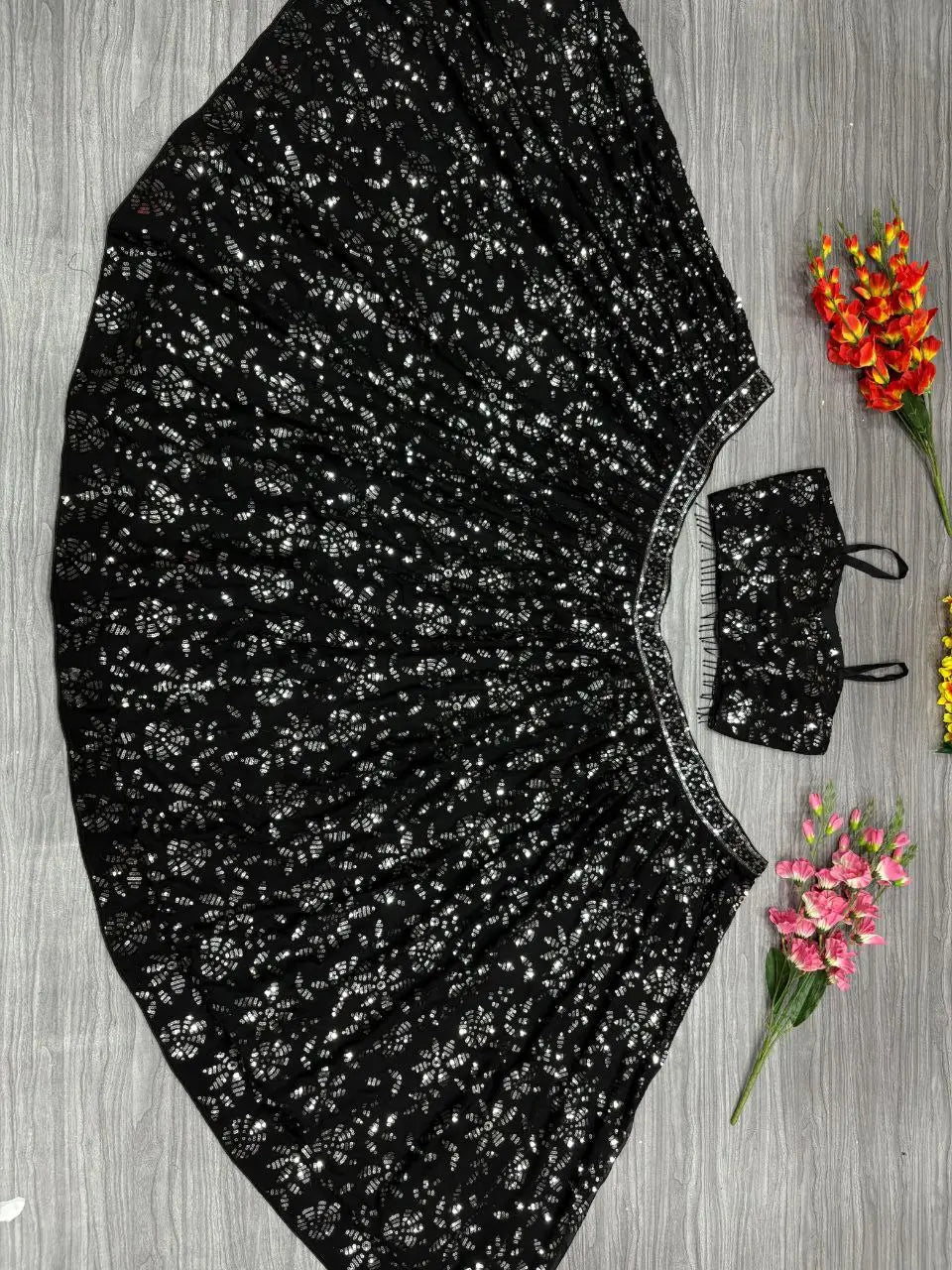 Black Georgette lehenga Embellished With Embroidery And Heavy Sequins Work