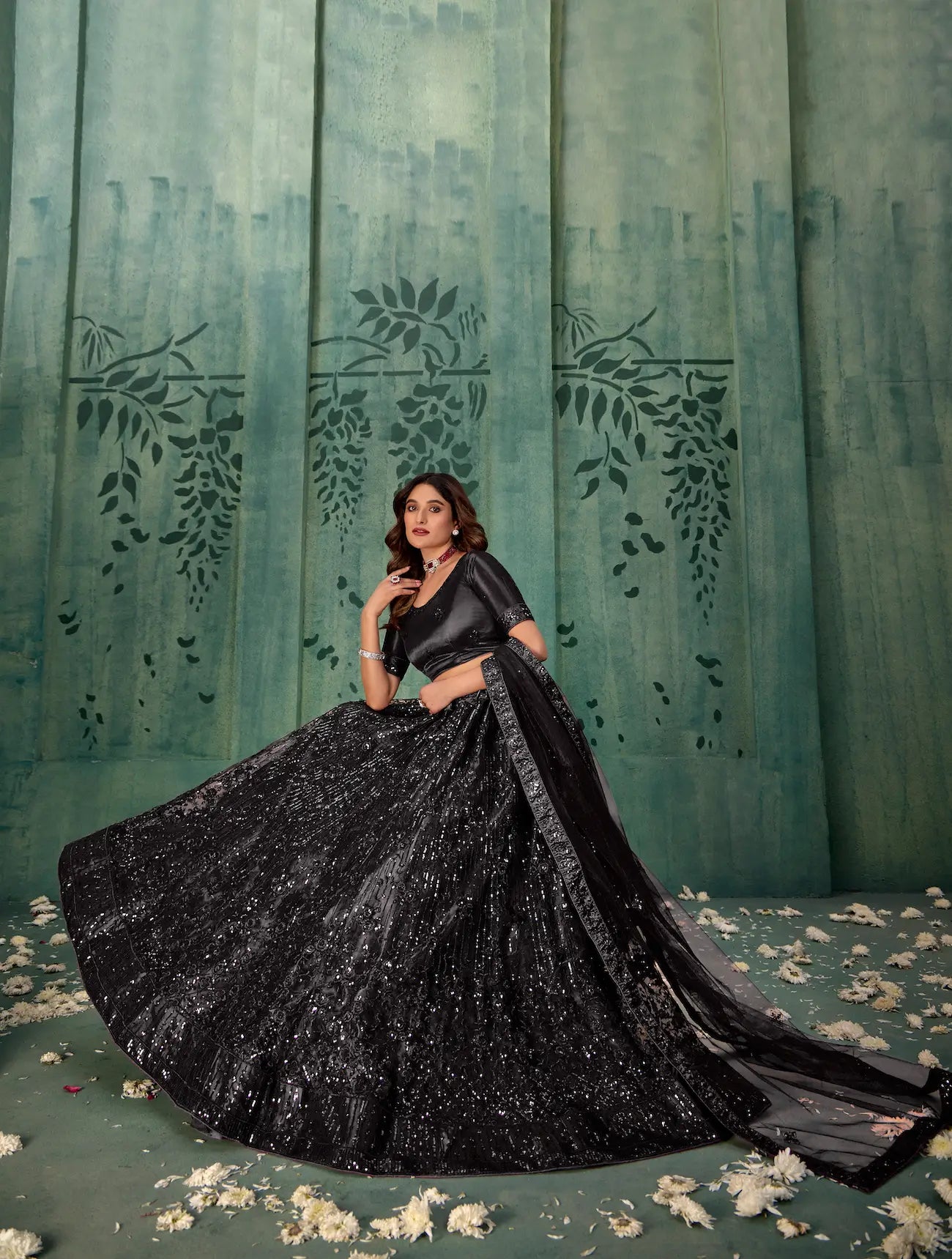 Black Net Thread & Sequence Embroidery Work Lehenga Choli