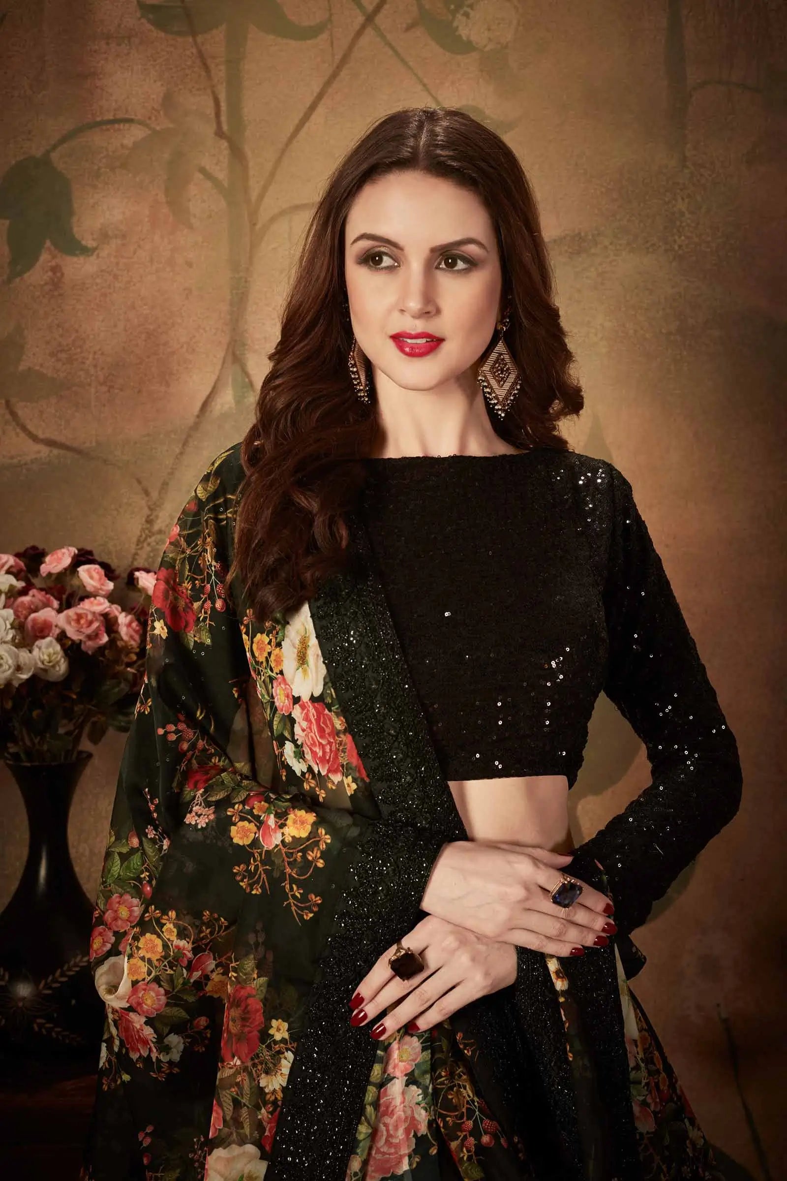 Black Organza Lehenga With Multi Color Floral Print  With Sequins Work