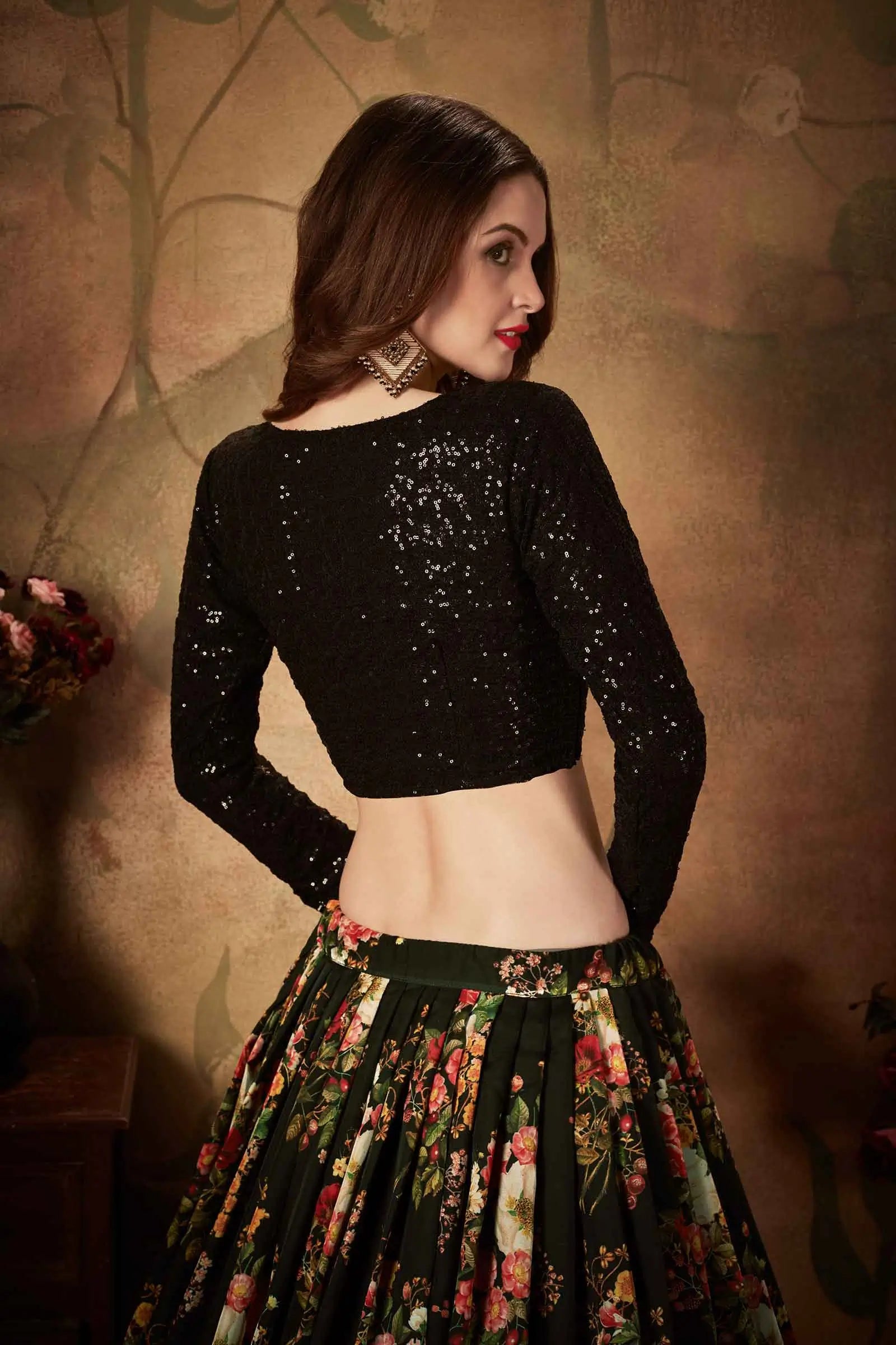 Black Organza Lehenga With Multi Color Floral Print  With Sequins Work