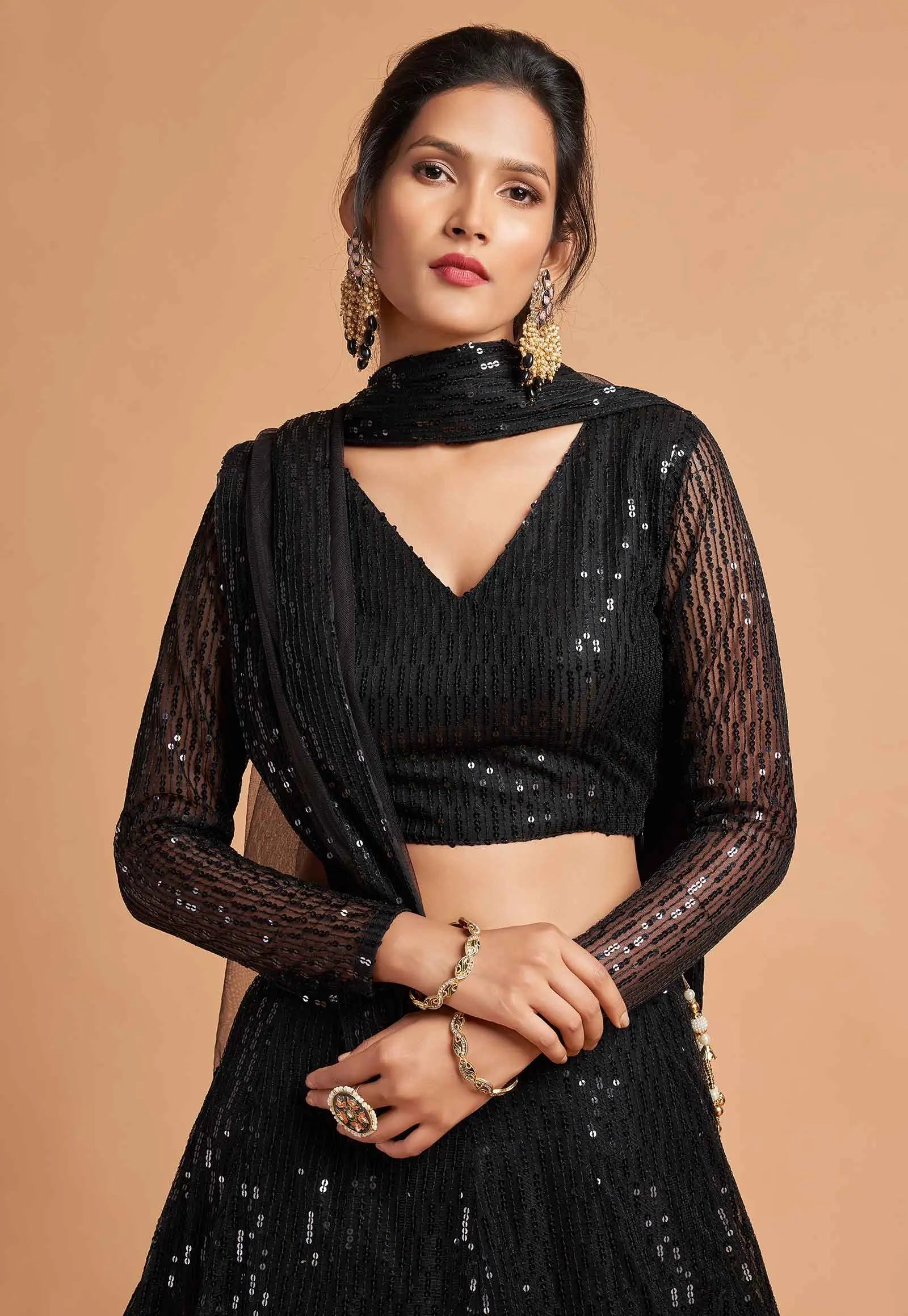 Black Soft Net Lehenga Choli With Thread And Multiple Sequins Embroidery Work