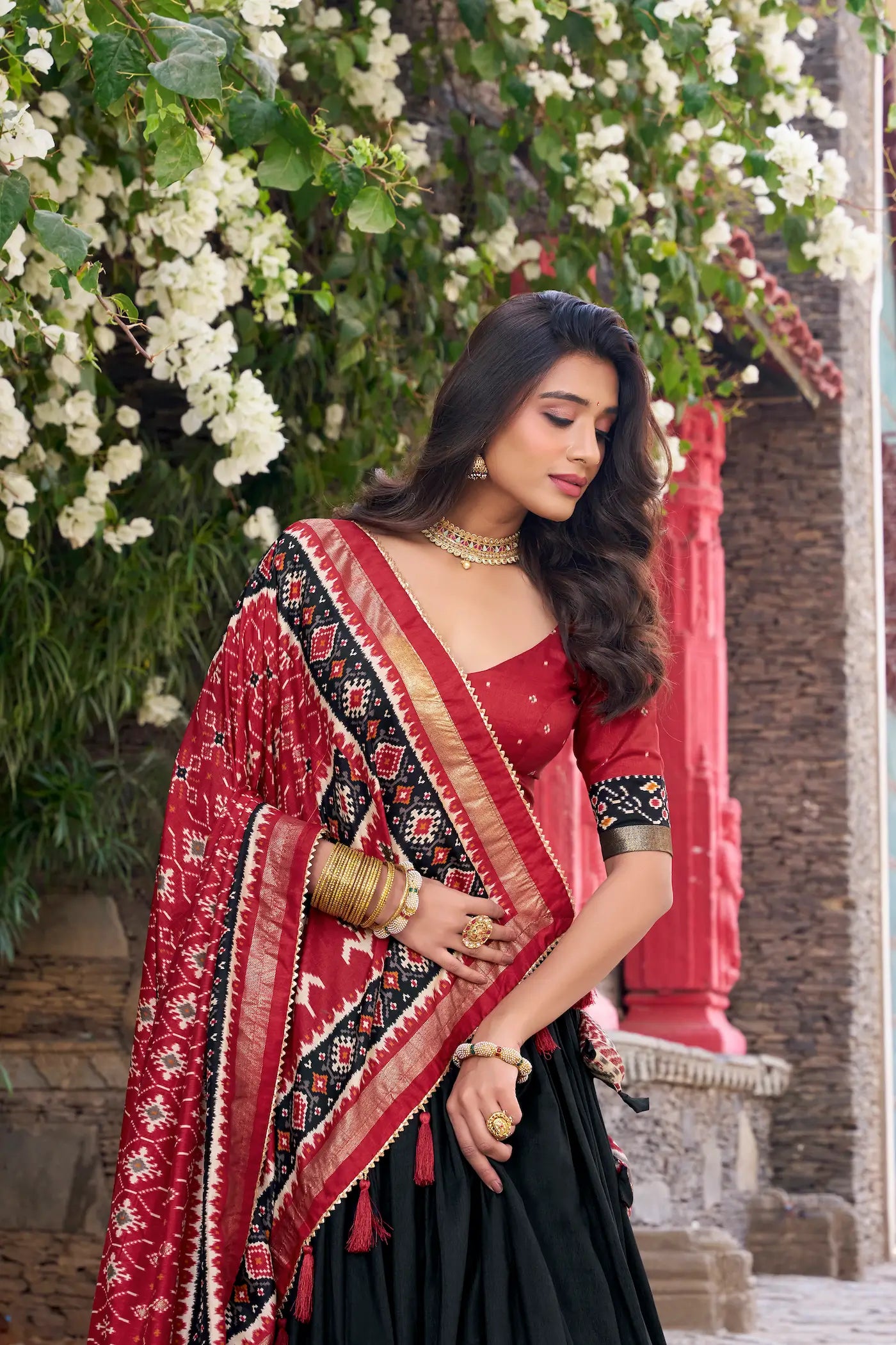 Black Tussar Silk Patola Print And Foil Work Lehenga Choli