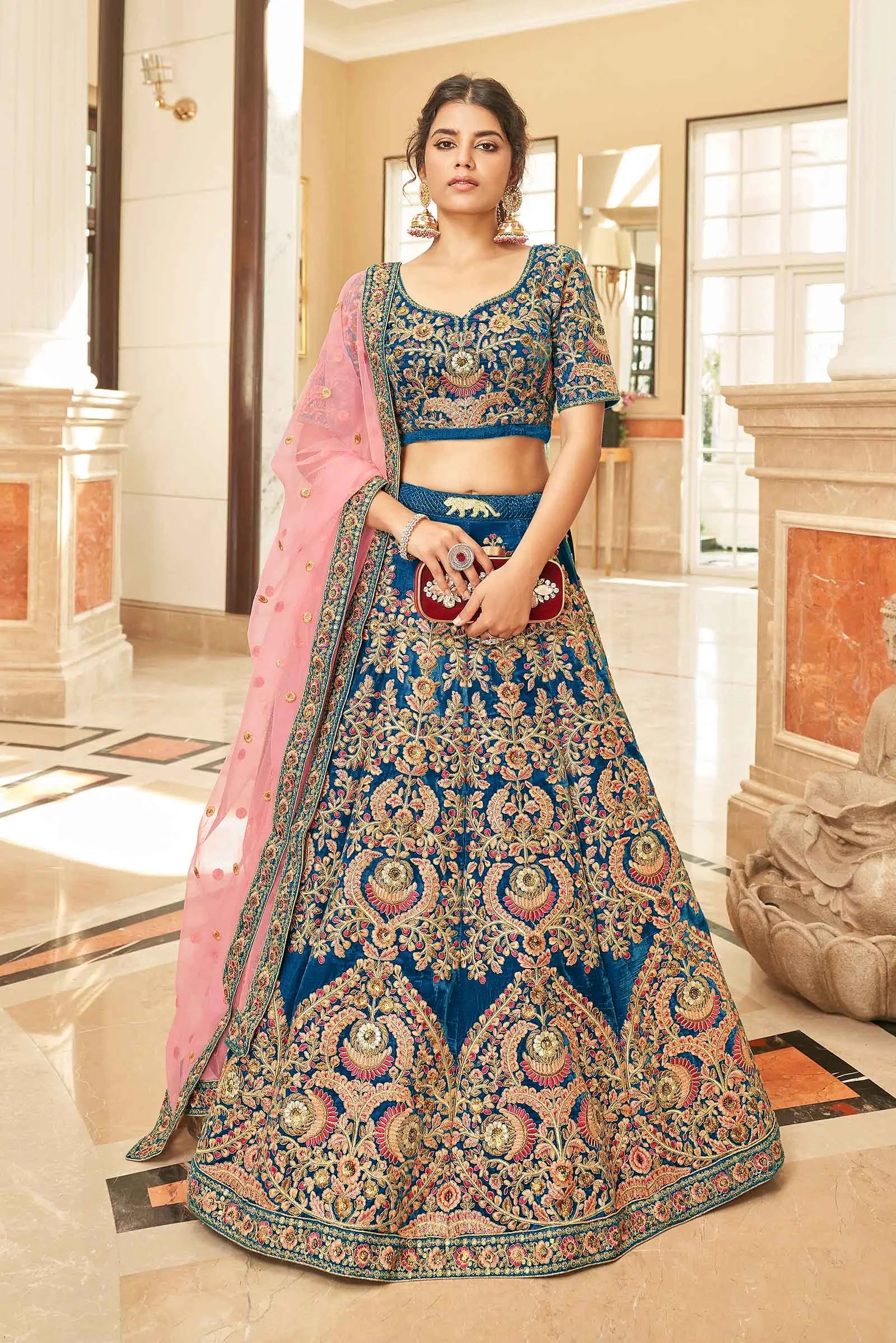 Blue Velvet Lehenga Choli With Thread, Dori, Zari And Sequins Embroidered Work