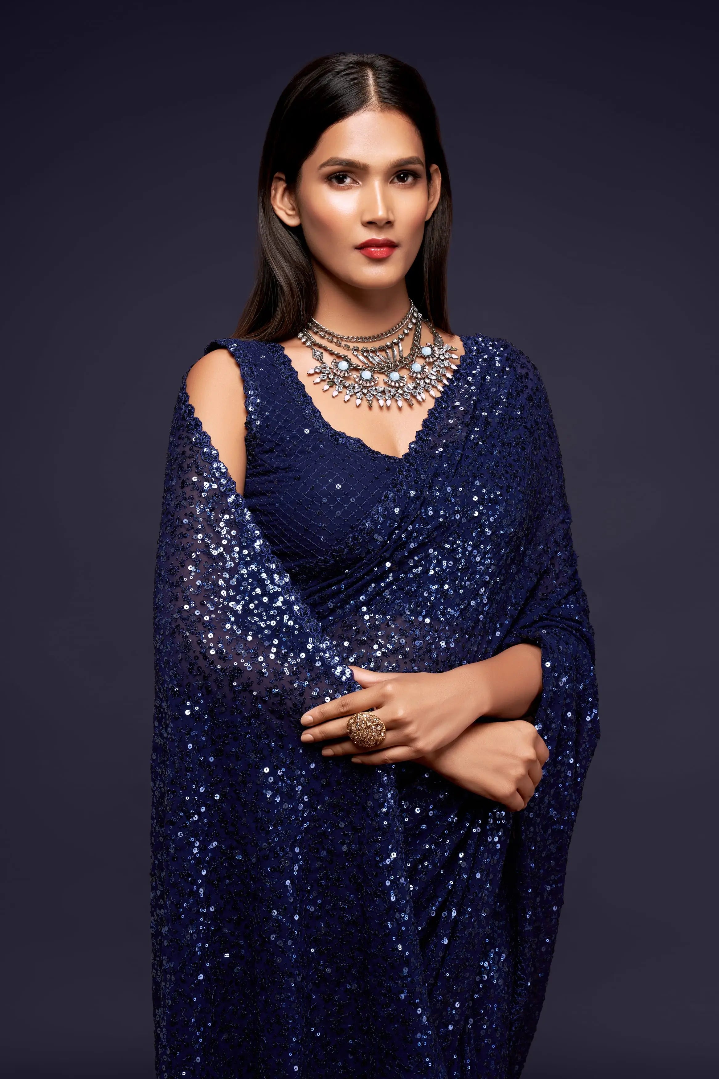 Blush Blue Georgette Saree with Thread And Multiple Sequins Embroidery Work