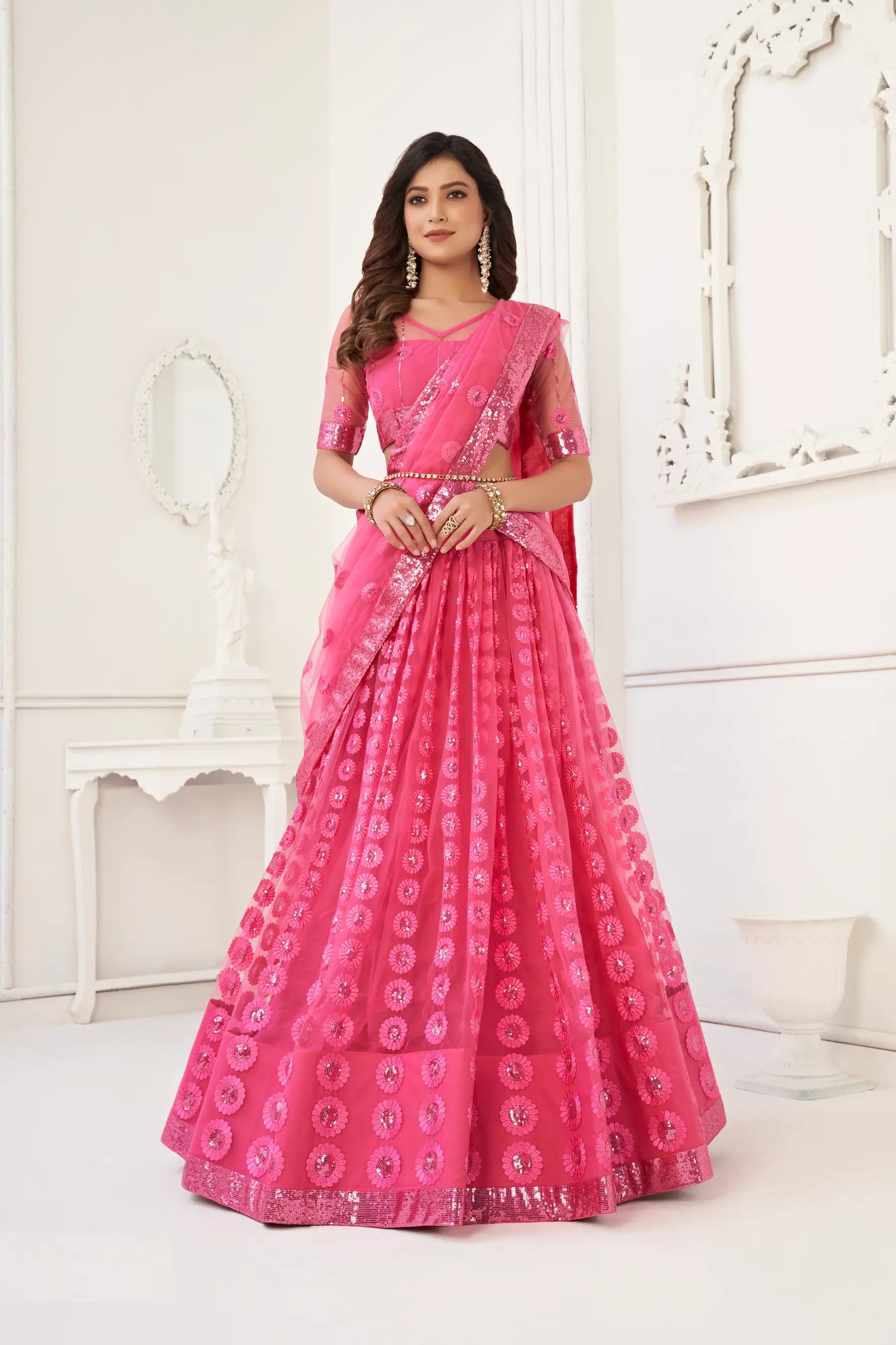 Bright Pink Net Lehenga Choli With Cotton Thread Work & Sequence Embroidery Work