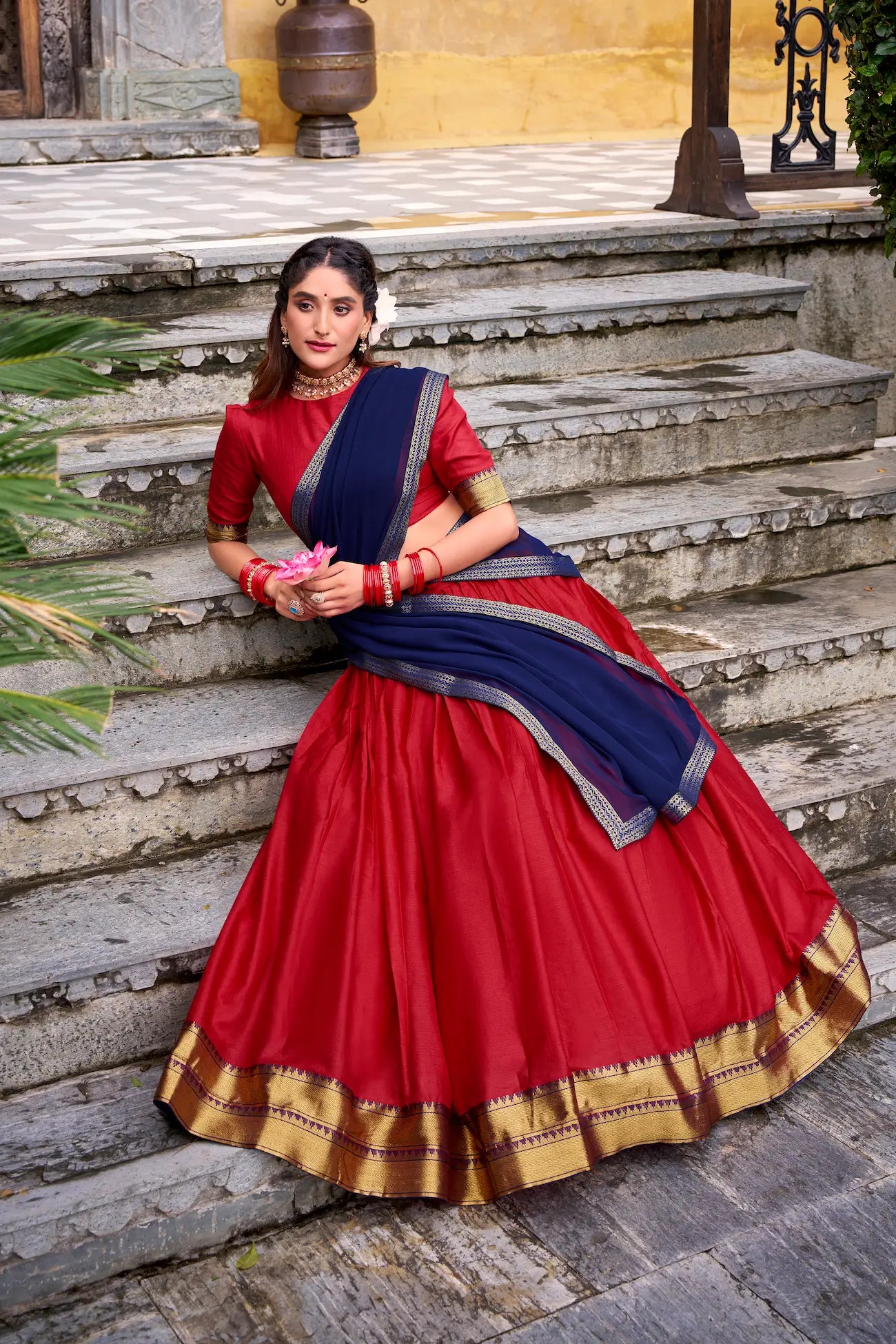 Bright Red Poly Cotton Zari Weaving Lehenga Choli