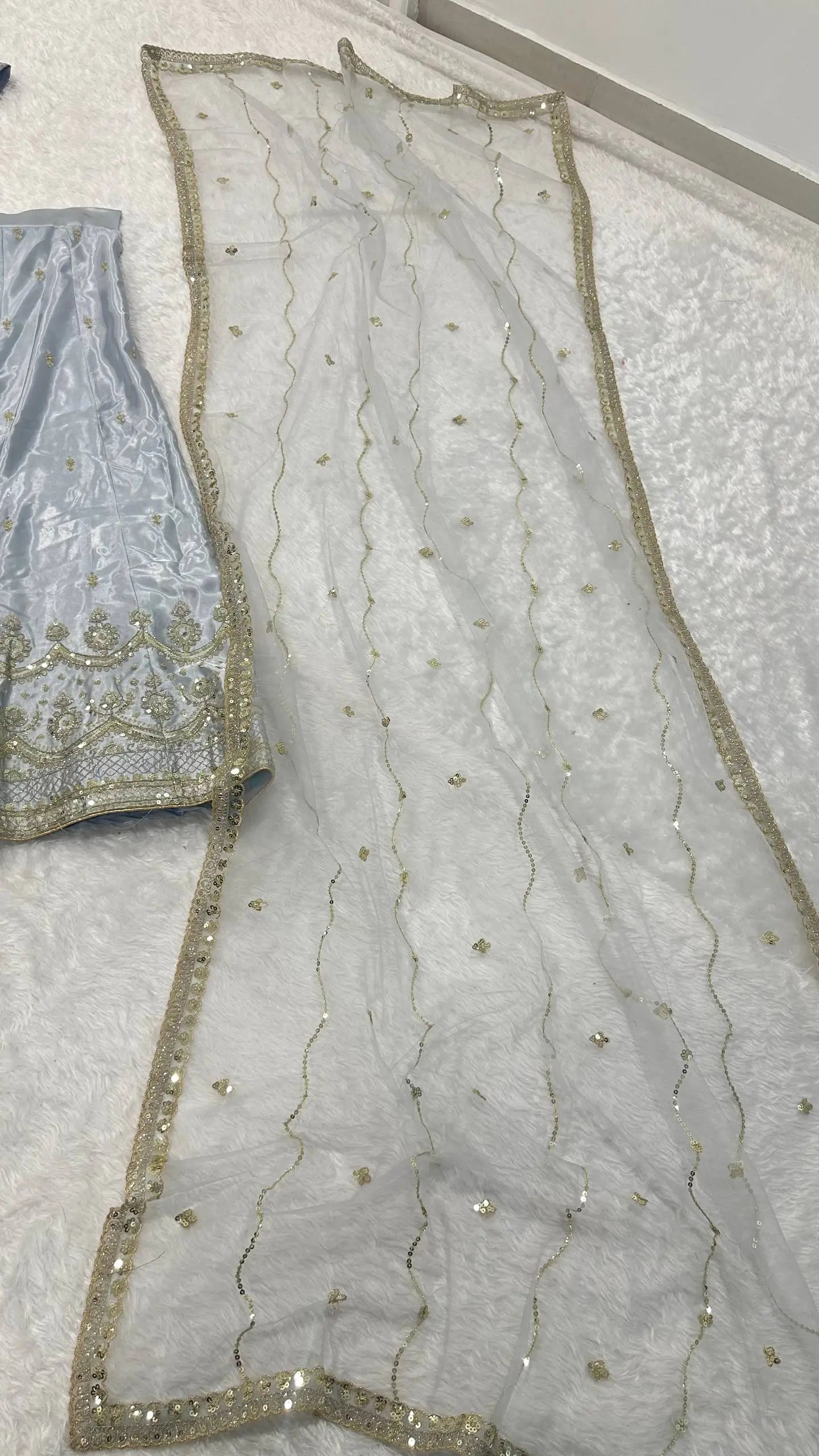 Cloud Grey Satin Silk Embroidery Lehenga Choli