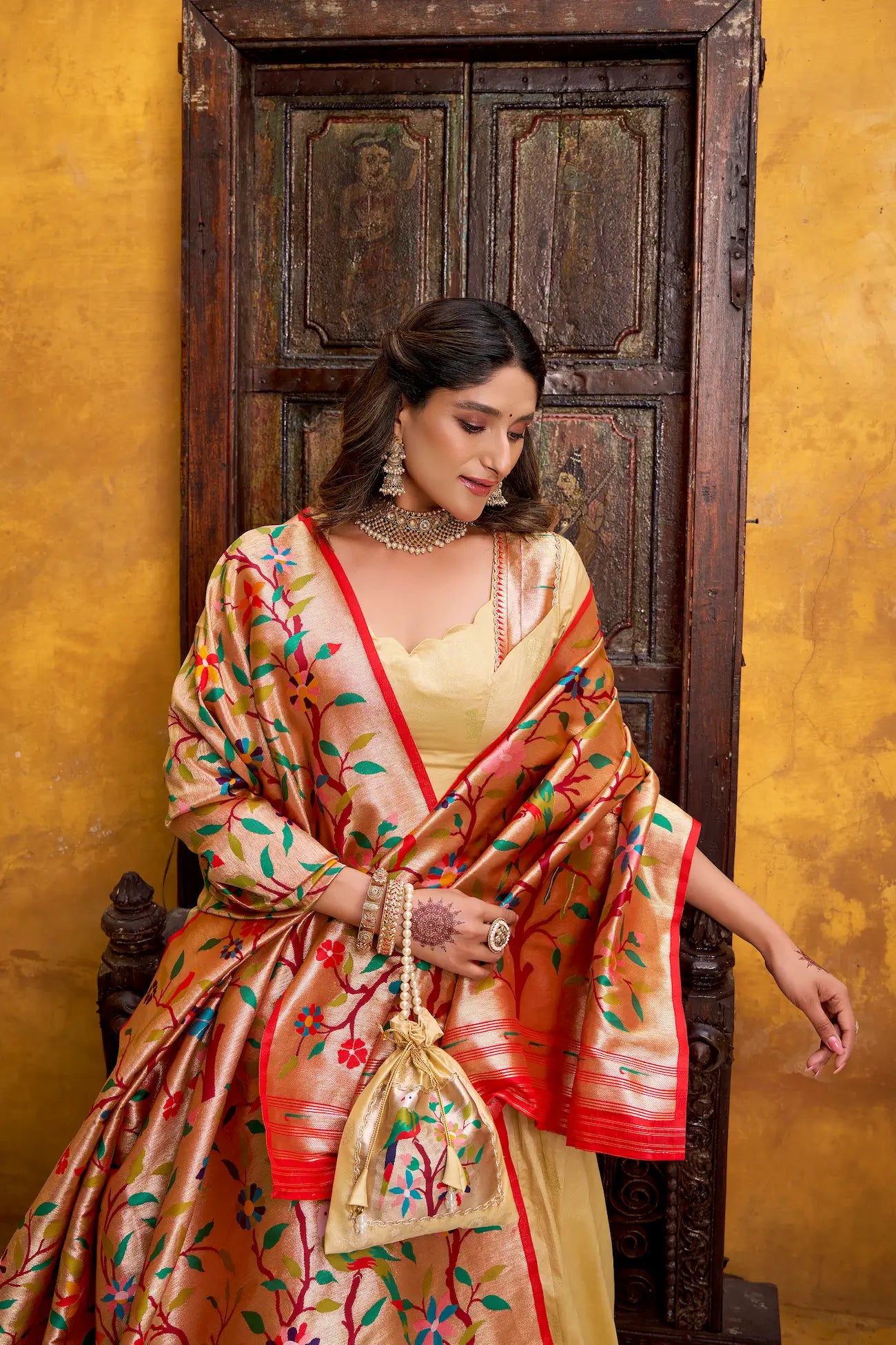 Creamy Beige Zari Weaving Paithani Lehenga Choli