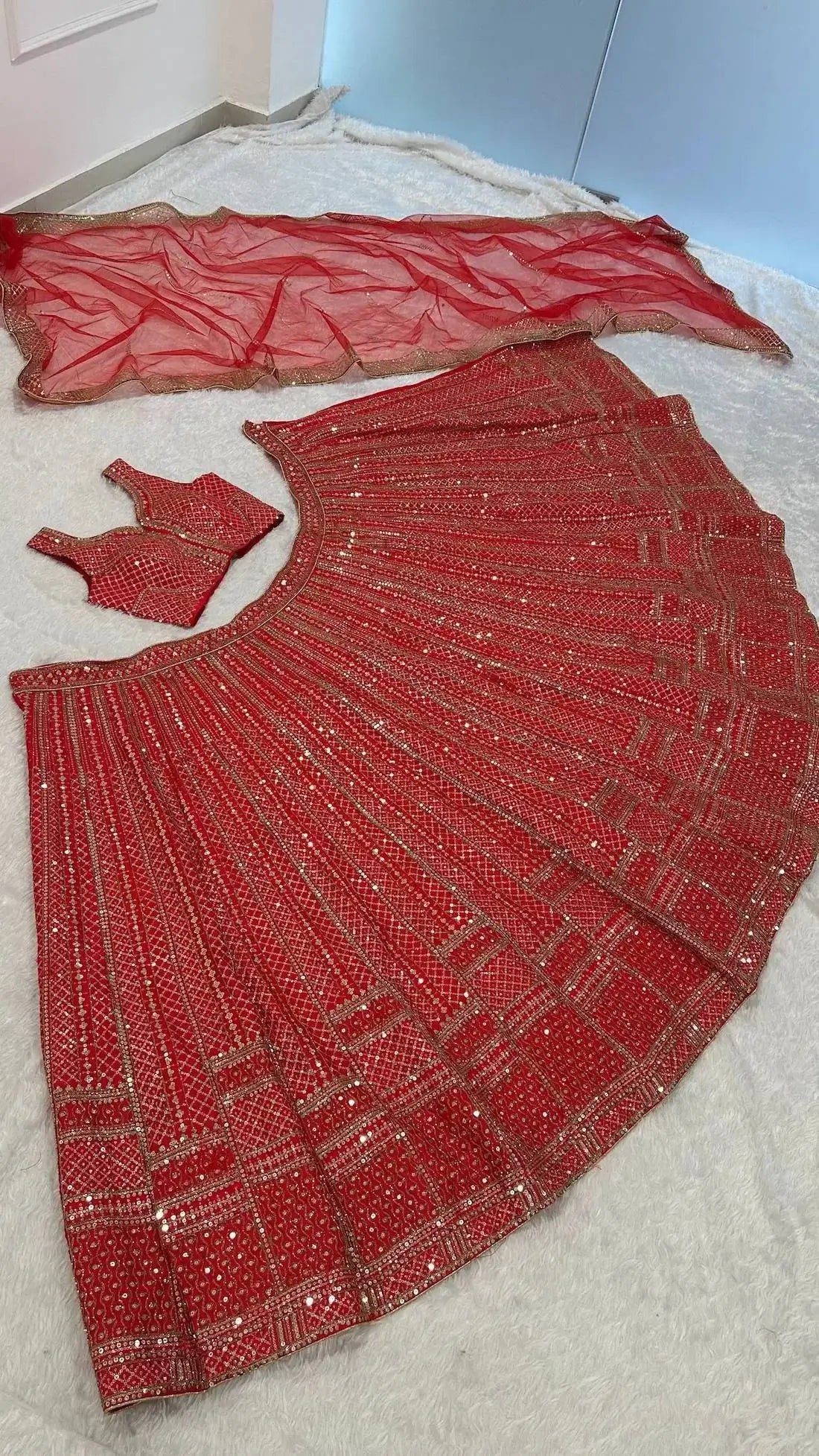 Crimson Red Satin Silk Embroidery Lehenga Choli