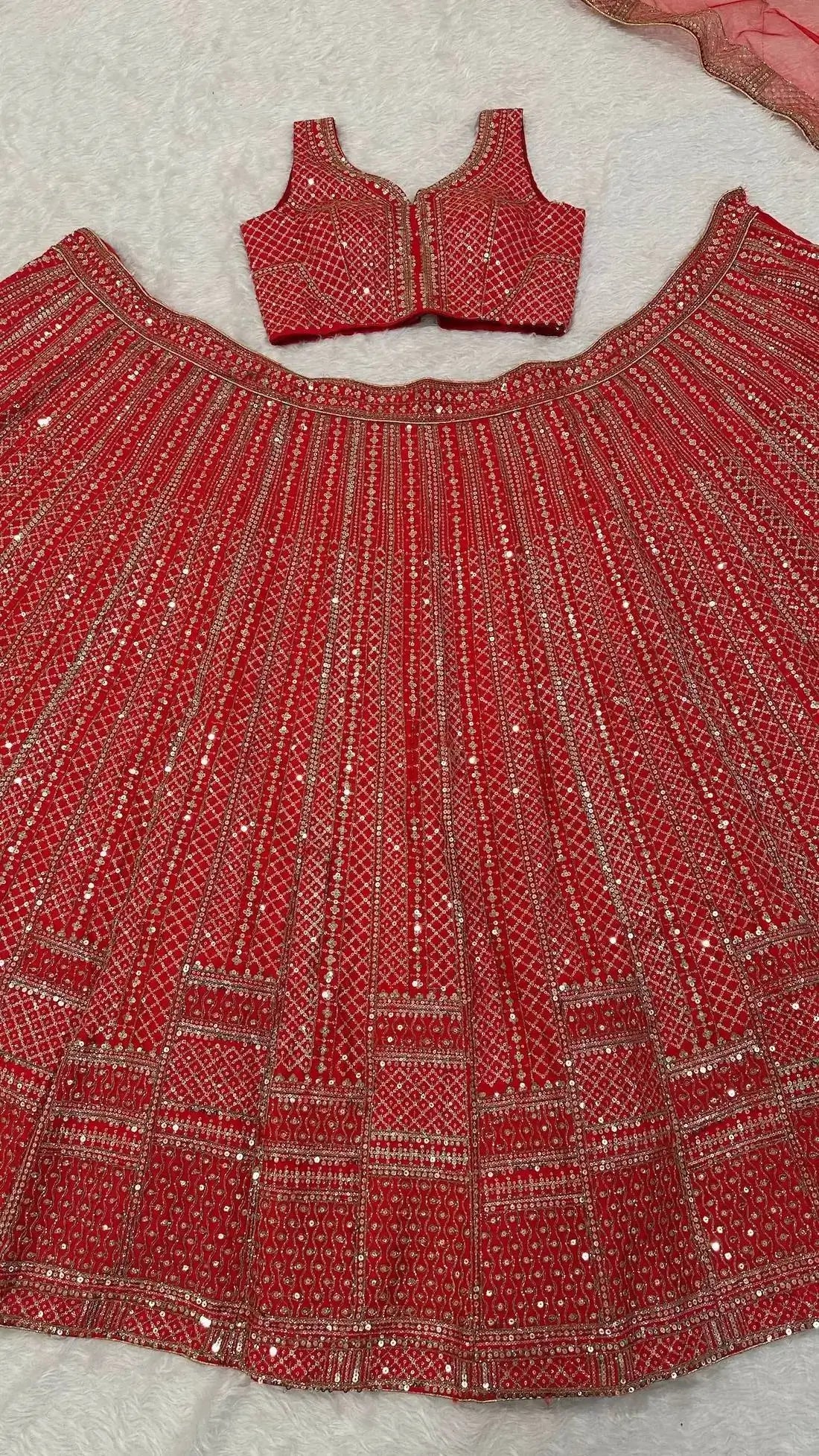 Crimson Red Satin Silk Embroidery Lehenga Choli