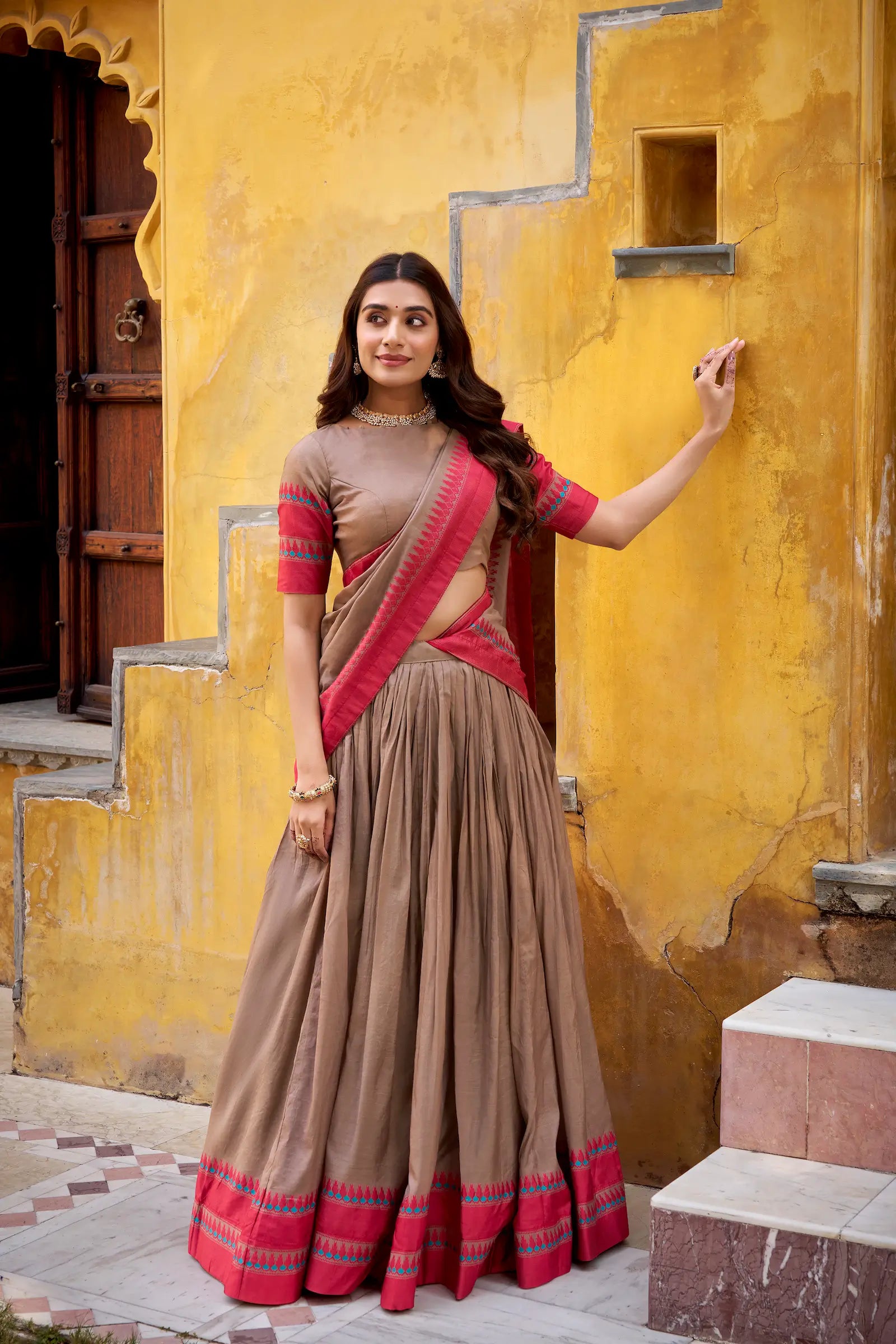 Dark Beige Chanderi Thread Work Lehenga Choli