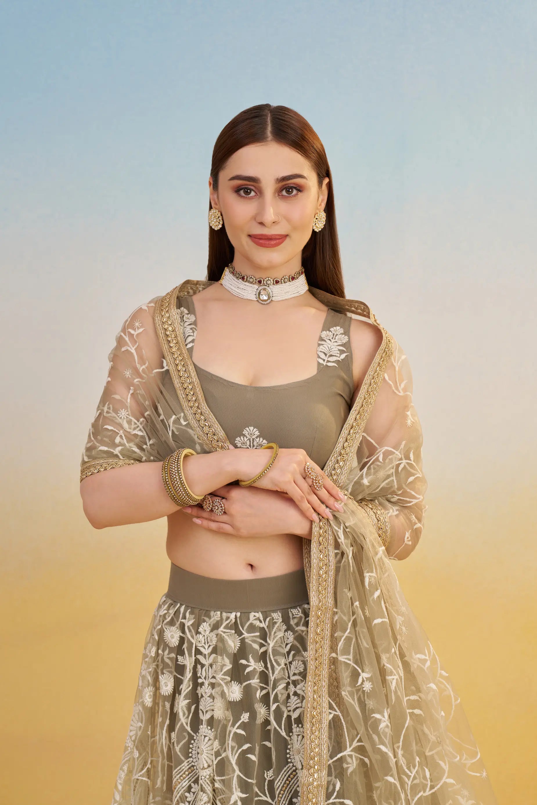 Dark Beige Net Lehenga Choli With Thread & Sequins Embroidery Work