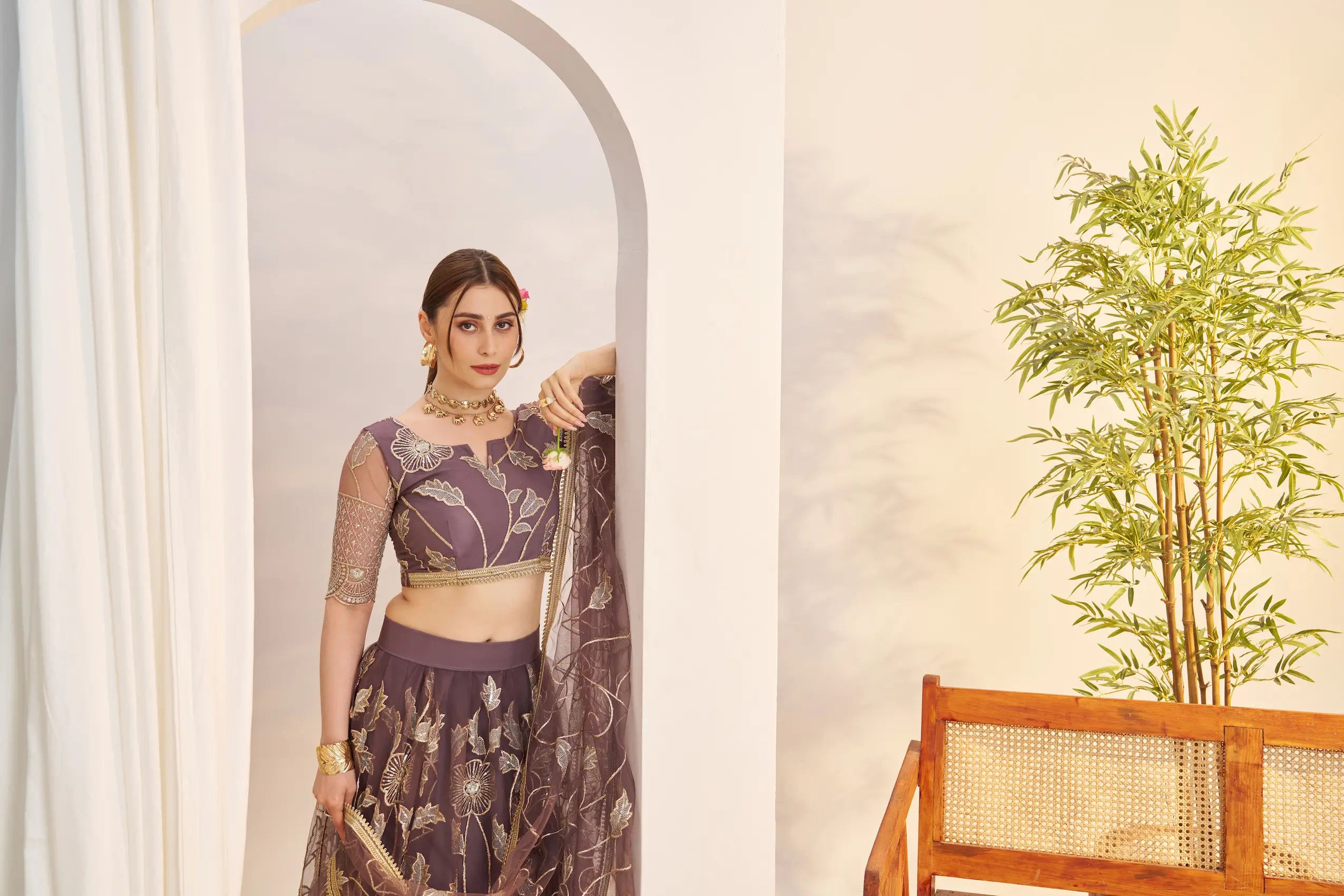 Dark Onion Net Lehenga Choli With Embroidery Work