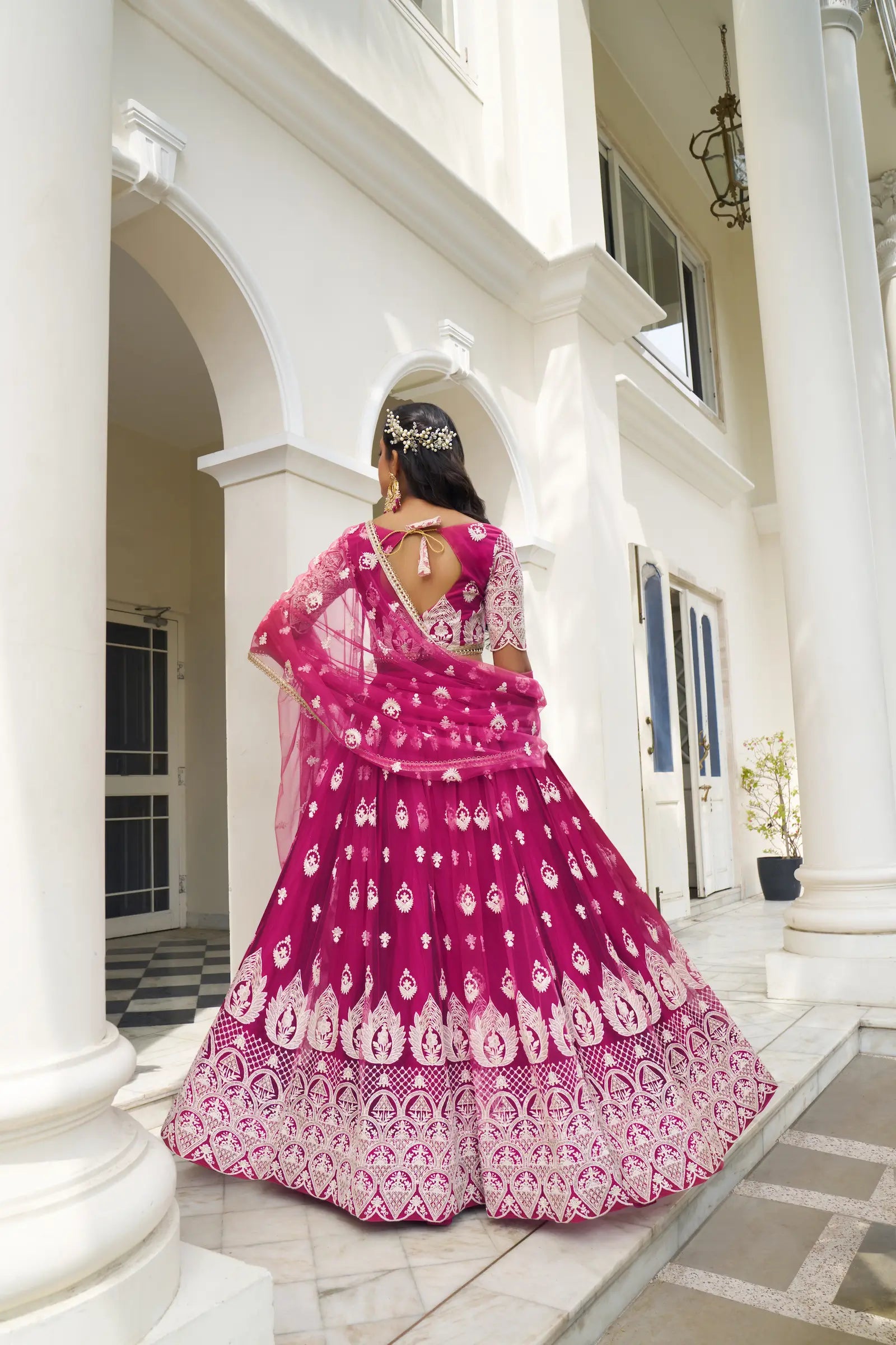 Dark Pink Net Lehenga Choli With Cotton Thread Work & Sequence Embroidery Work