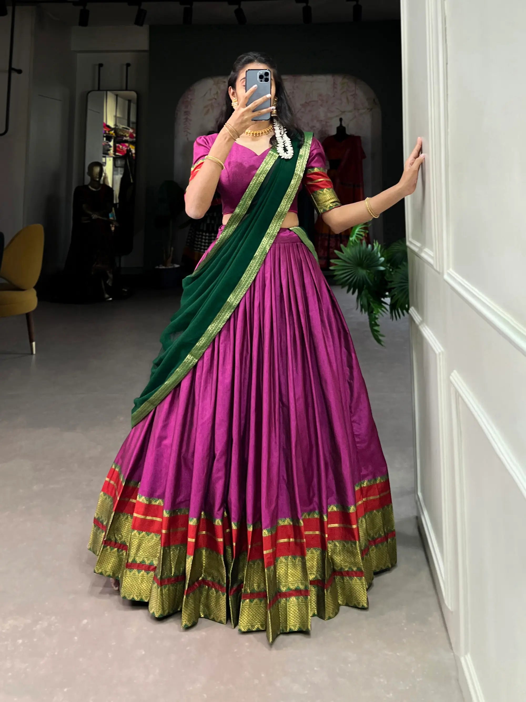Dark Pink Poly Cotton Lehenga Choli with Zari Weaving Work
