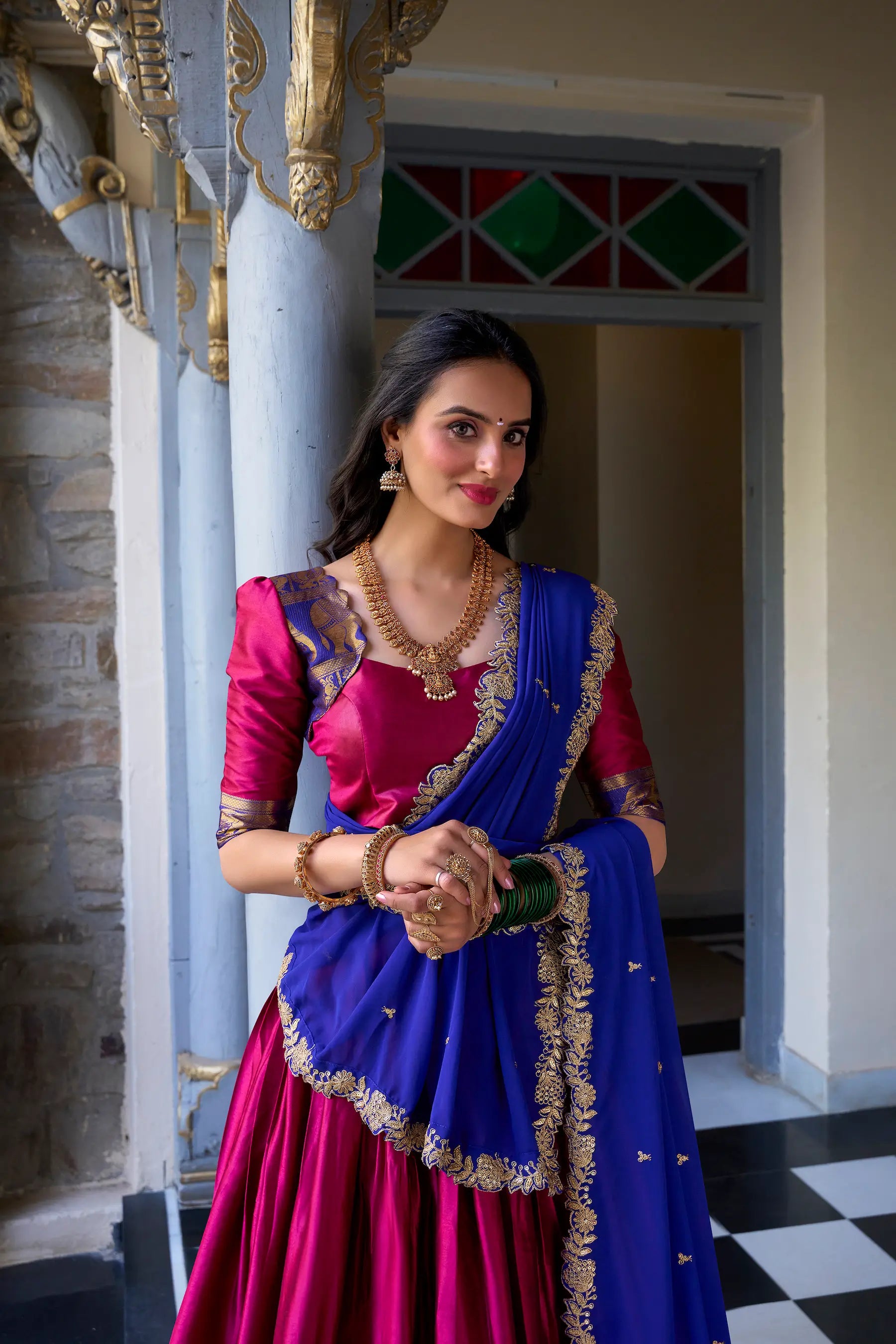 Dark Pink South Indian Lehenga choli With Zari Weaving Work & Sequins Embroidery