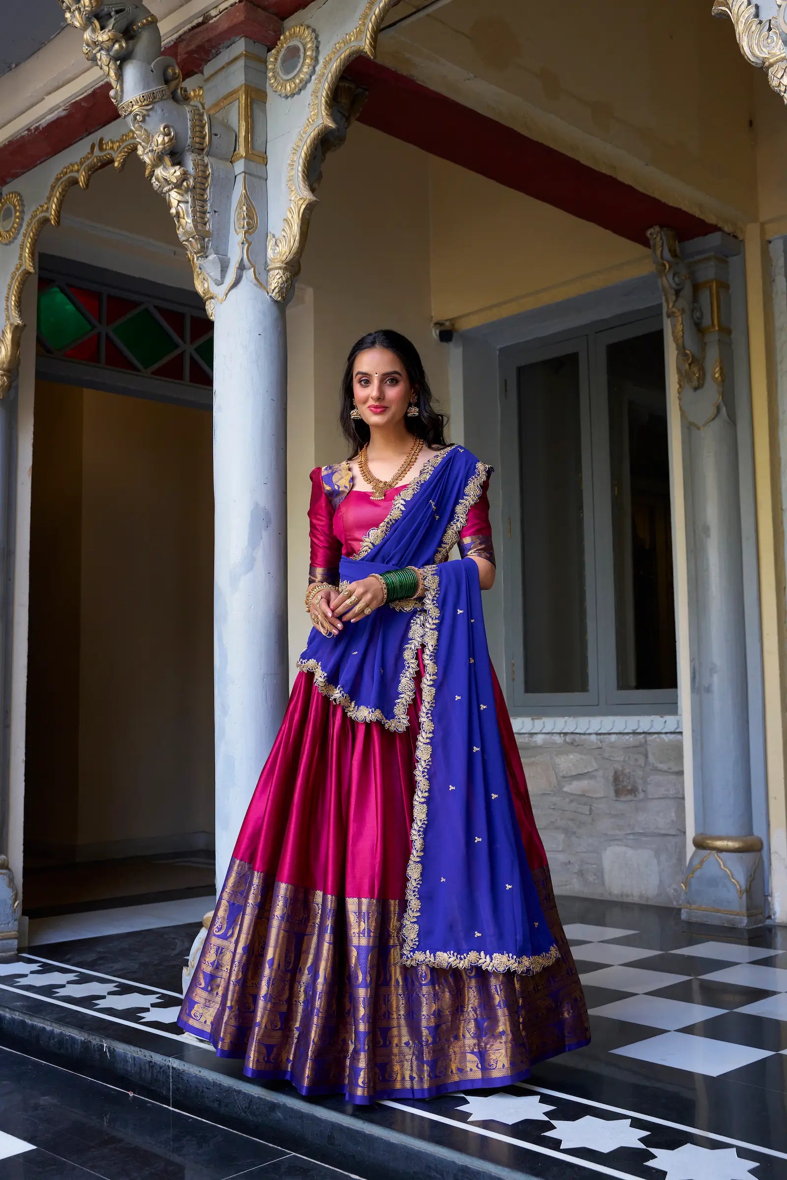 Dark Pink South Indian Lehenga choli With Zari Weaving Work & Sequins Embroidery