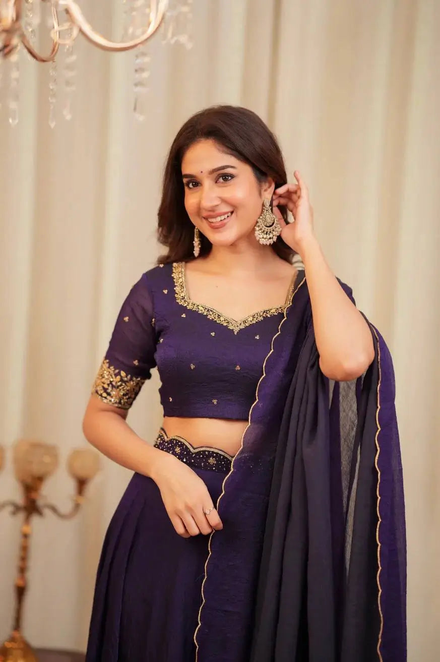 Dark Purple Crush Silk Embroidery Work Lehenga choli