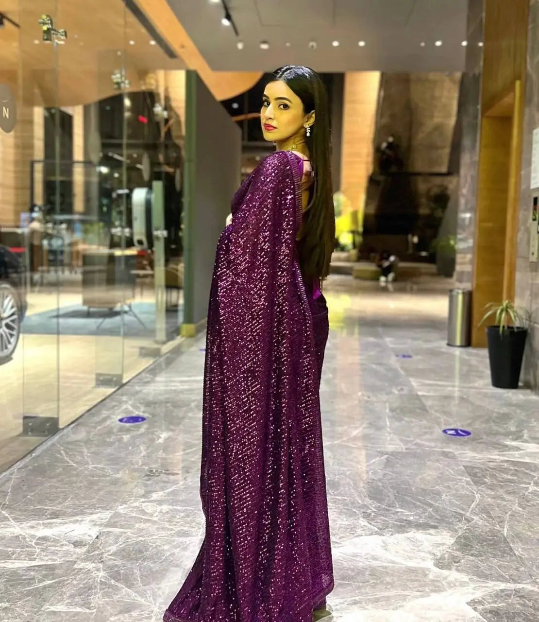 Dark Purple Georgette Saree With Sequins & Dori Border Work