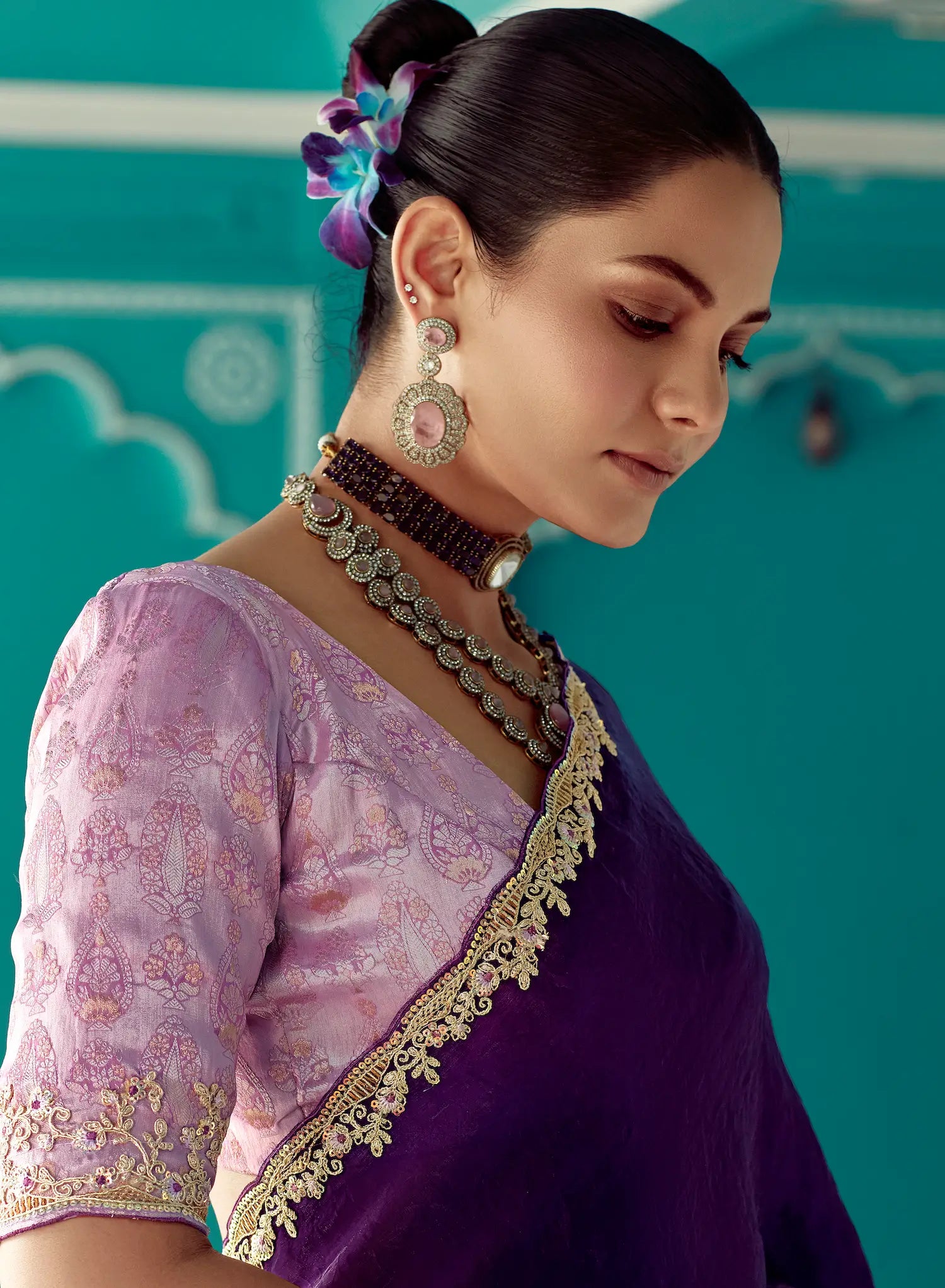 Dark Purple Organza Embroidery Work Party wear Saree