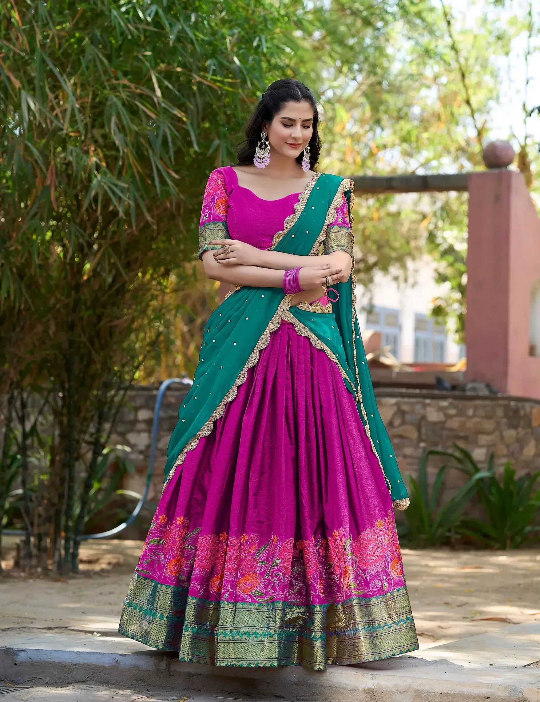 Deep Pink Cotton Silk Embroidery Lehenga Choli