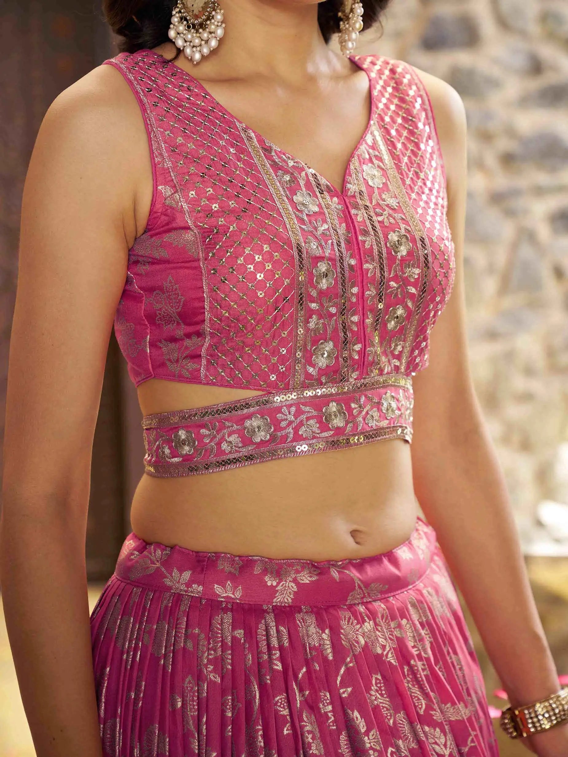Designer Peach Jacquard Lehenga With Zari Sequins Embroidery Work