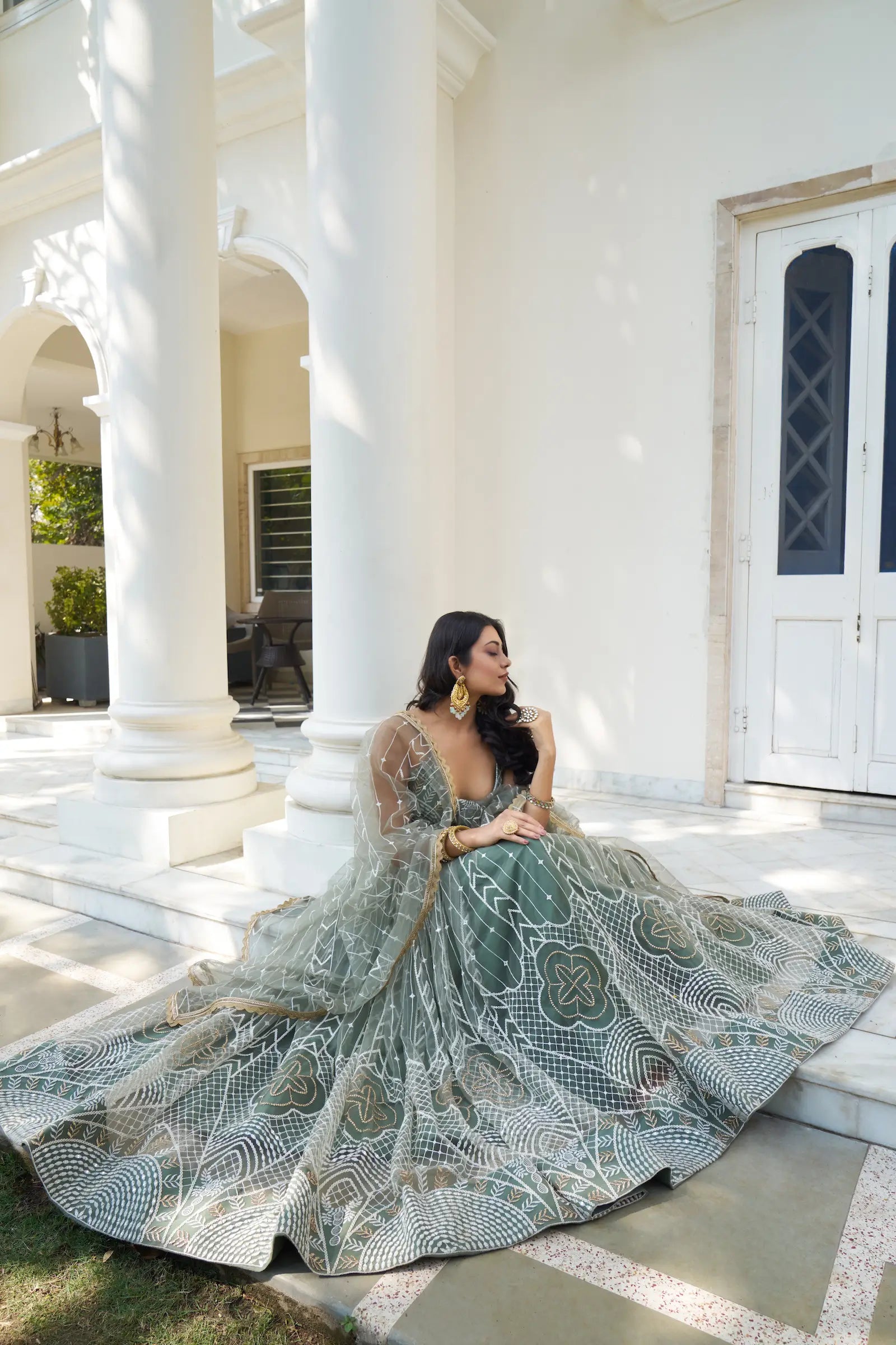 Dusty Green Net Lehenga Choli With Cotton Thread Work & Sequence Embroidery Work