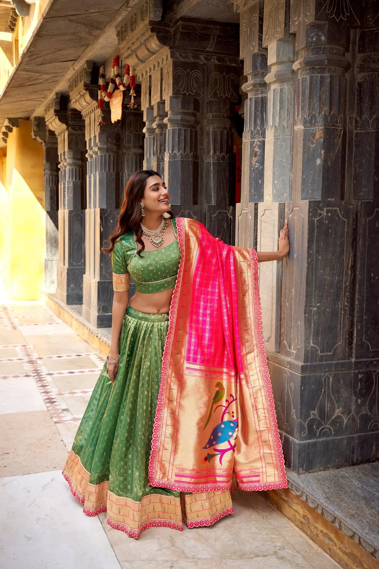 Dusty Green Shimmer Paithani Lehenga Choli