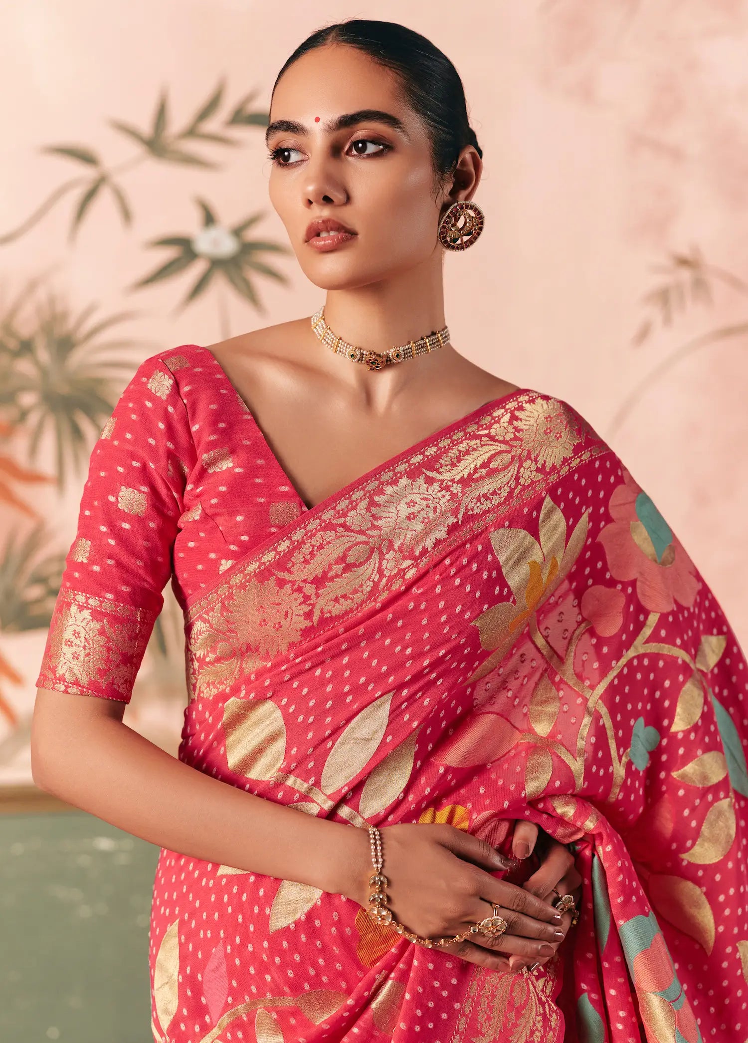 Dusty Red Georgette Bandhej Weaving Saree