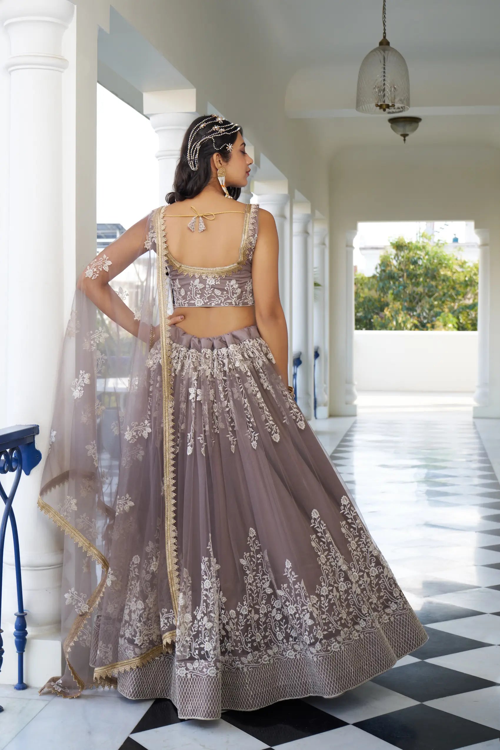 Dusty Rose Net Lehenga Choli With Cotton Thread Work & Sequence Embroidery Work