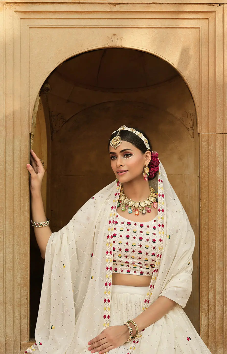 Dusty White Georgette Thread with Sequence Embroidery Work Lehenga Choli