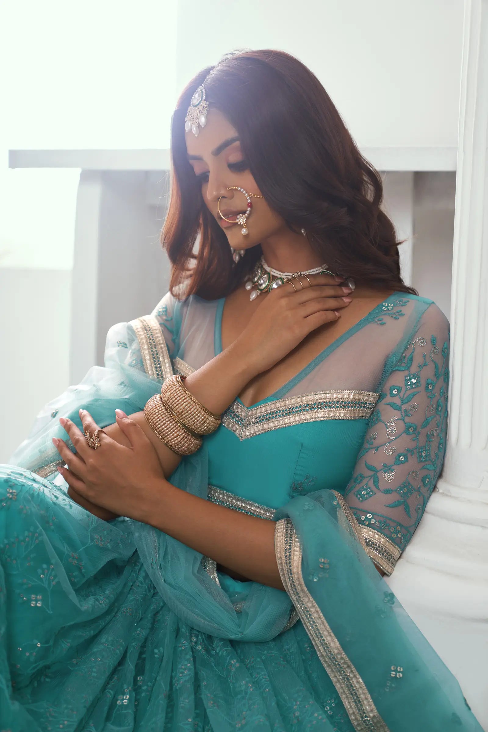 Fountain Blue Net Lehenga Choli With Cotton Thread Work & Sequence Embroidery Work