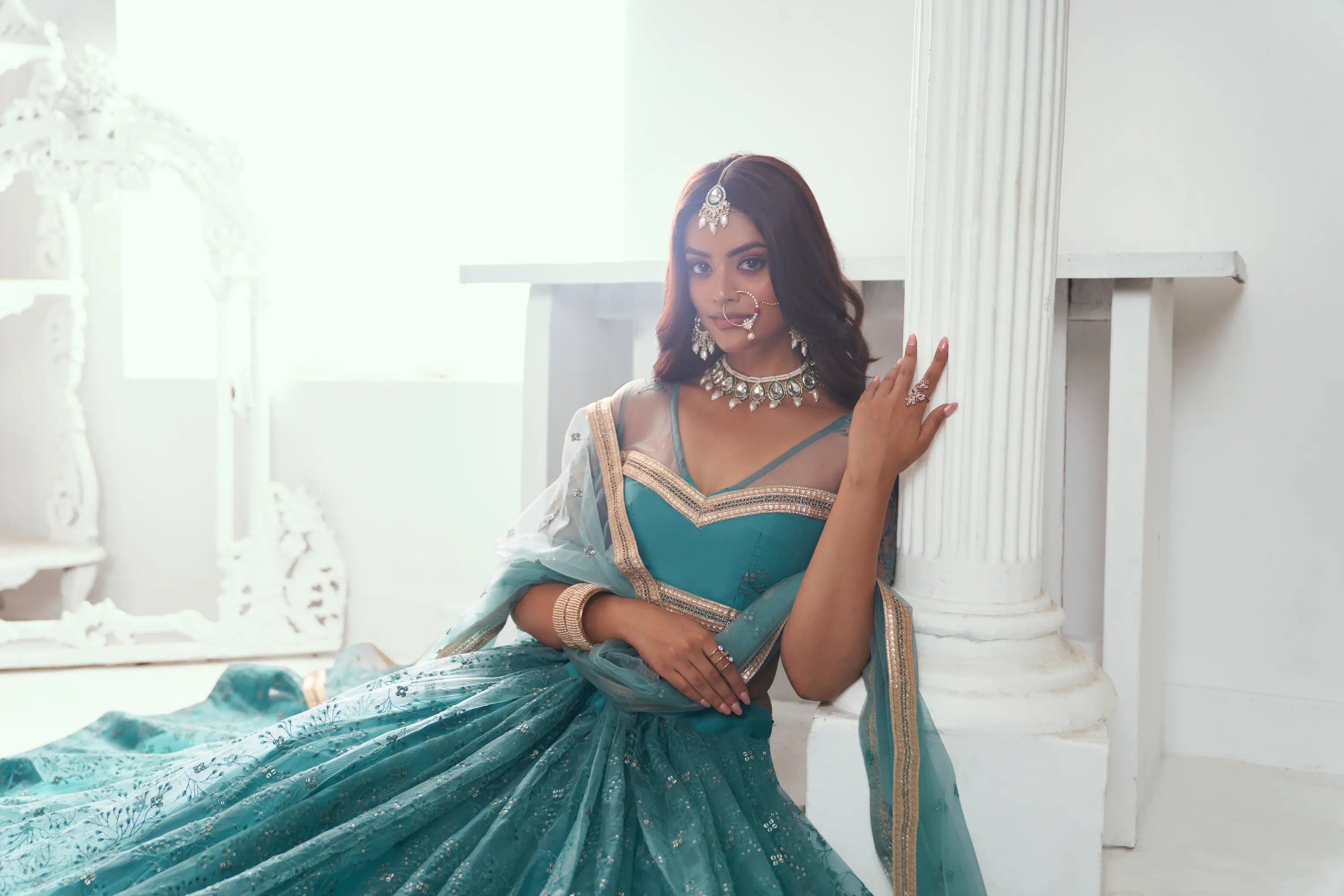 Fountain Blue Net Lehenga Choli With Cotton Thread Work & Sequence Embroidery Work