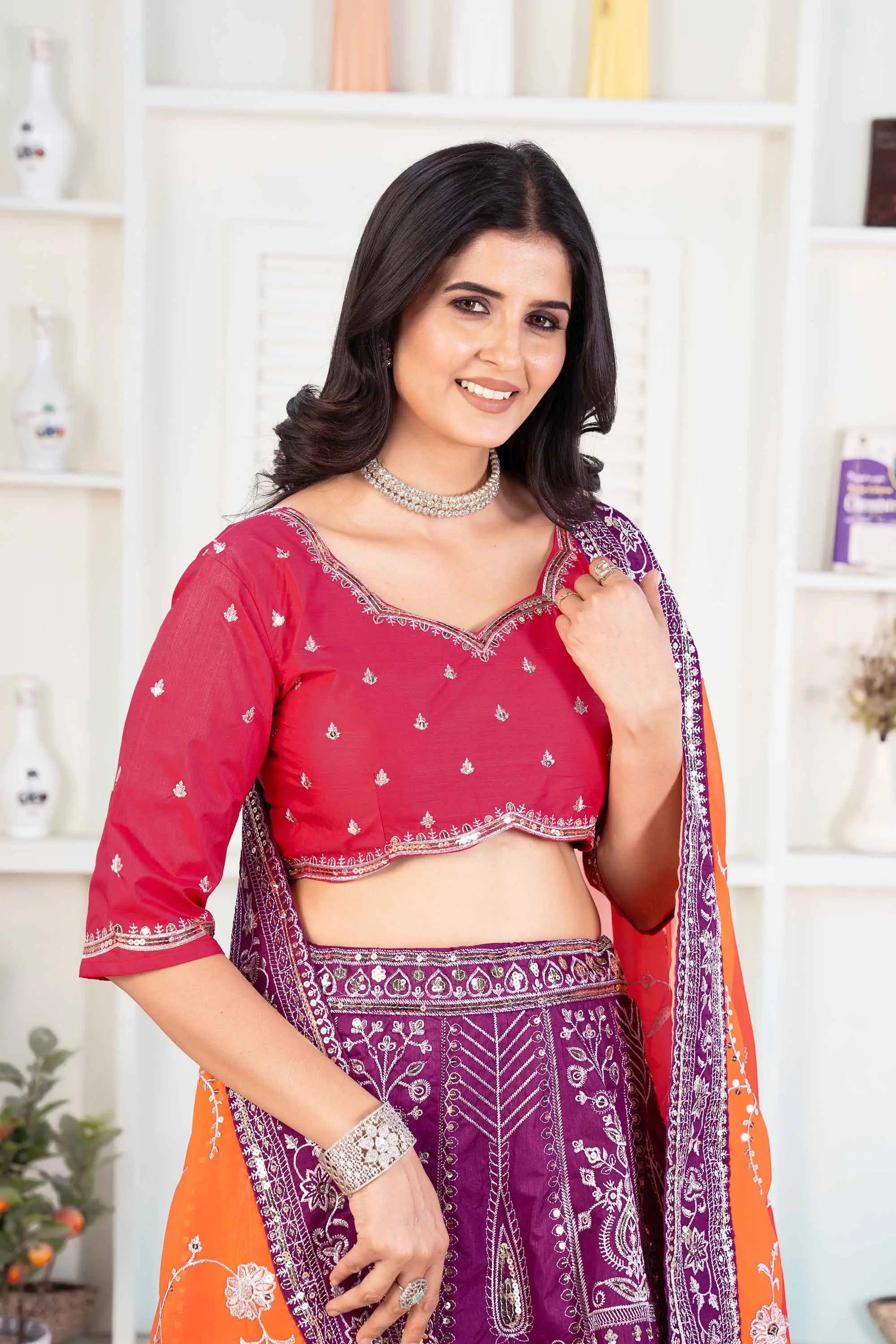 Grape purple Embroidery Sequins Design Work Lehenga With Contras Dupatta