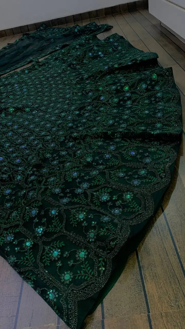 Green Net Thread, Sequence & Dori Work Lehenga Choli