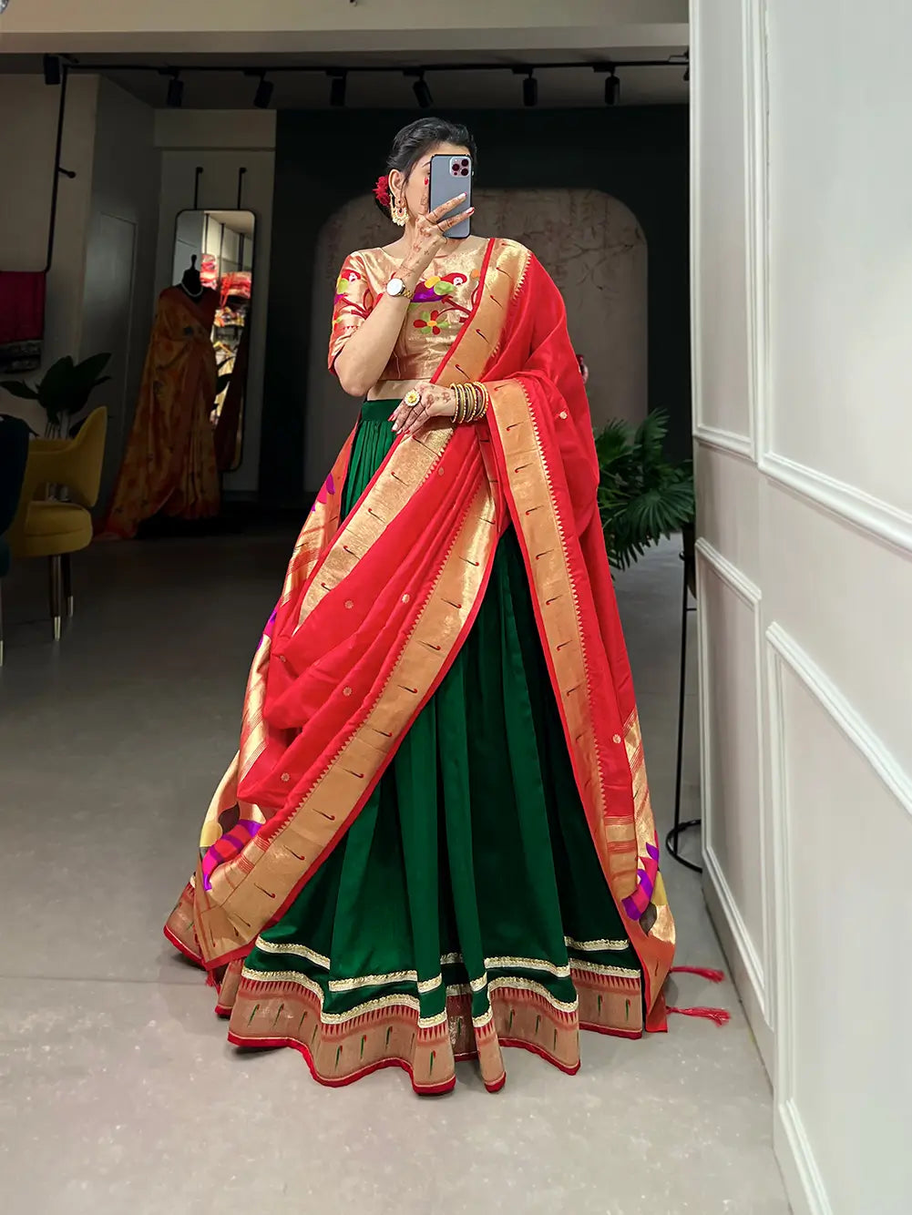 Green Vichitra Silk Paithani Lehenga Choli With Zari Weaving Work
