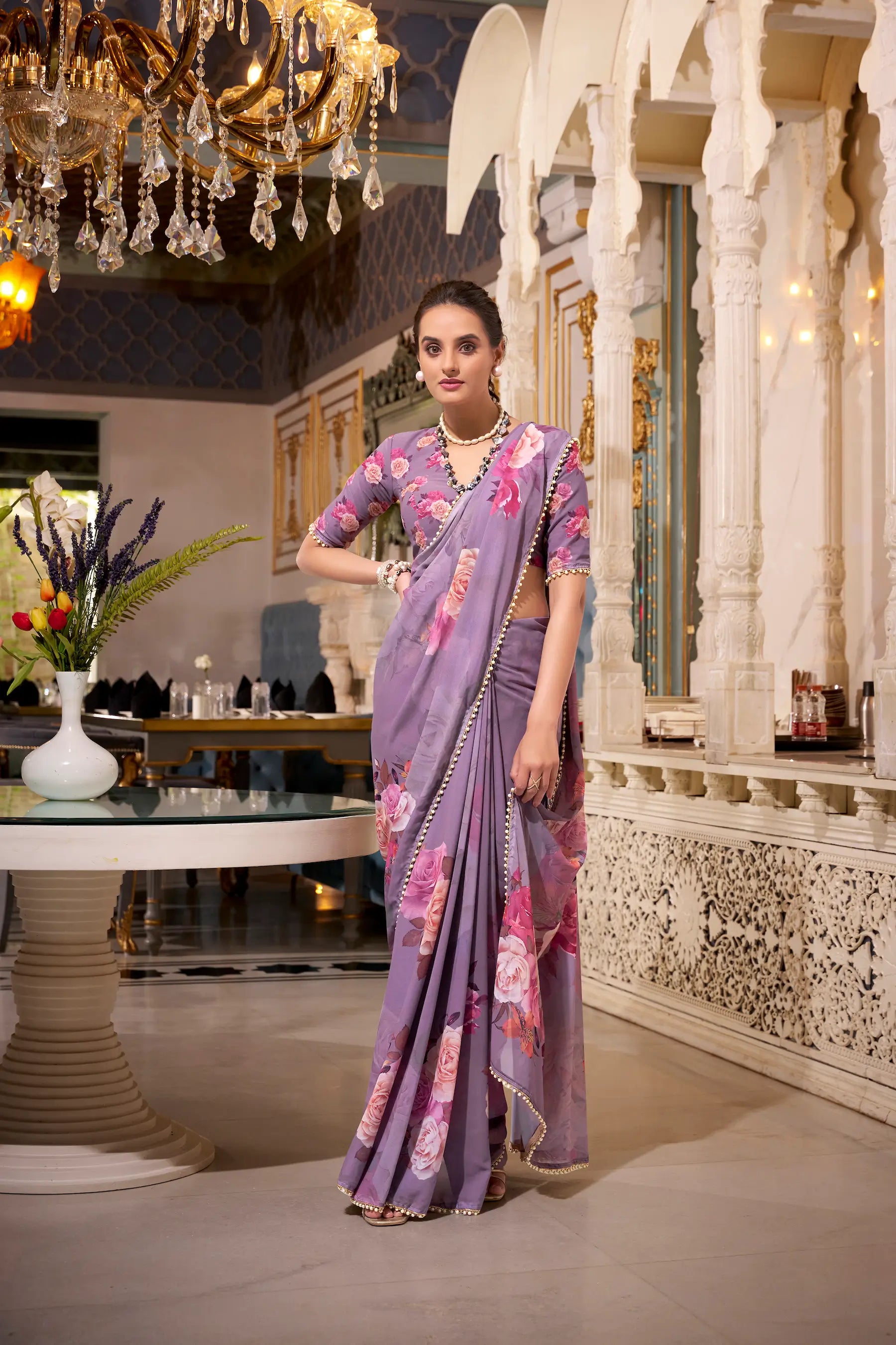 Grey Georgette Floral Print & Pearl Lace Border Saree