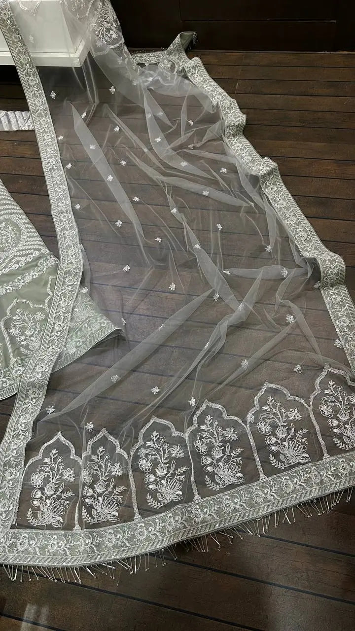 Grey Georgette Sequence, Zari & Dori Work Lehenga Choli