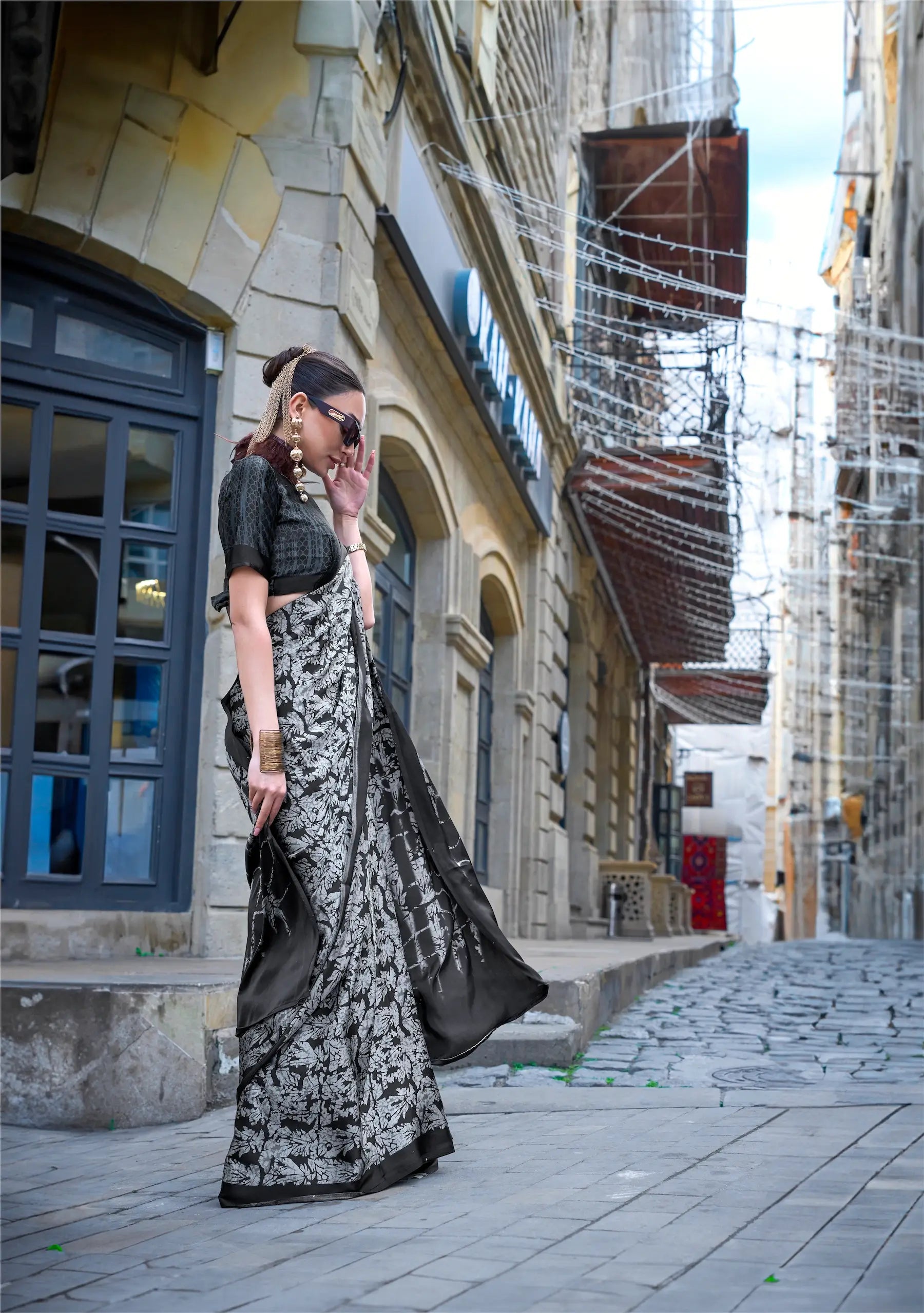 Grey Satin Crepe Digital Printed Saree