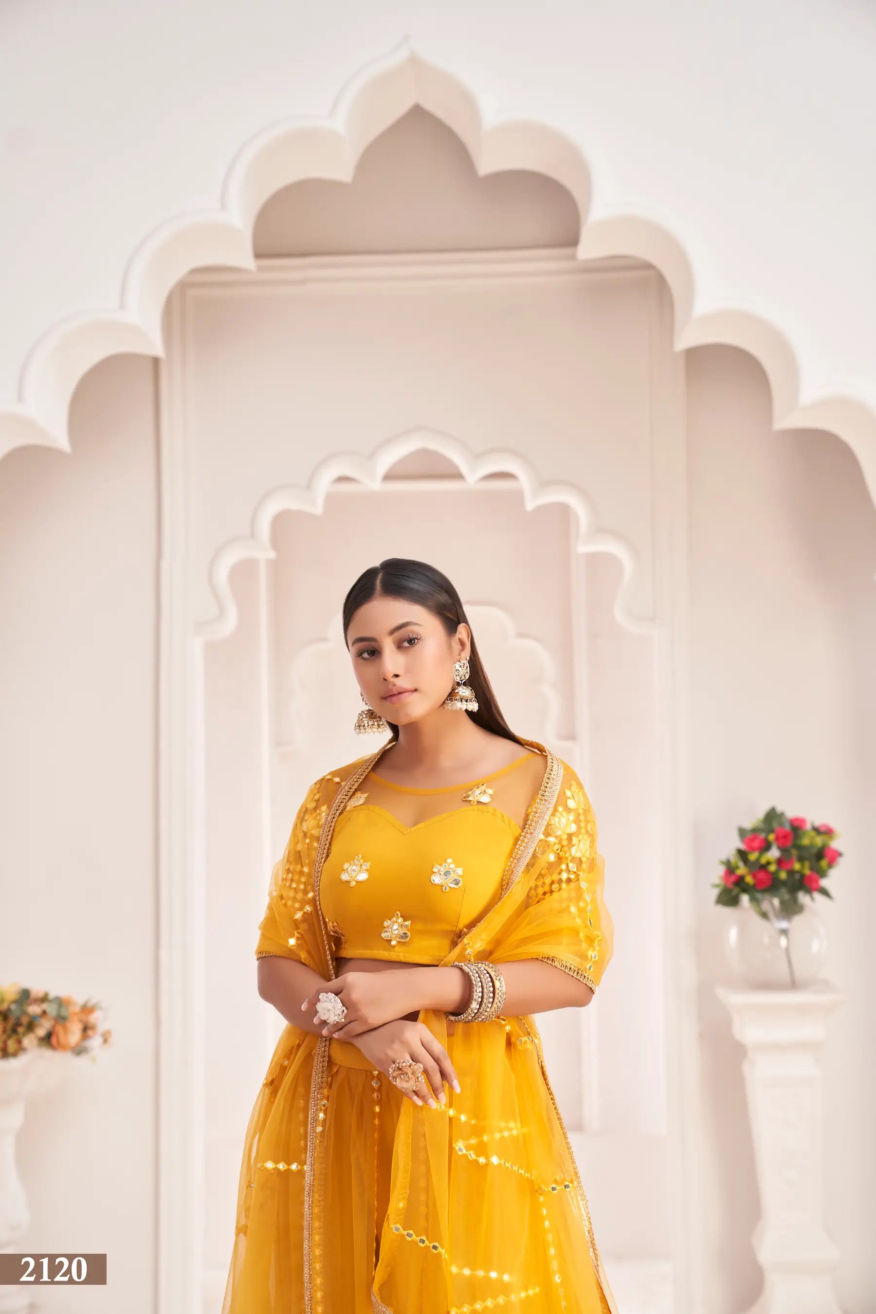 Honey Yellow  Net Lehenga Choli With Thread Work & Paper Mirror Work
