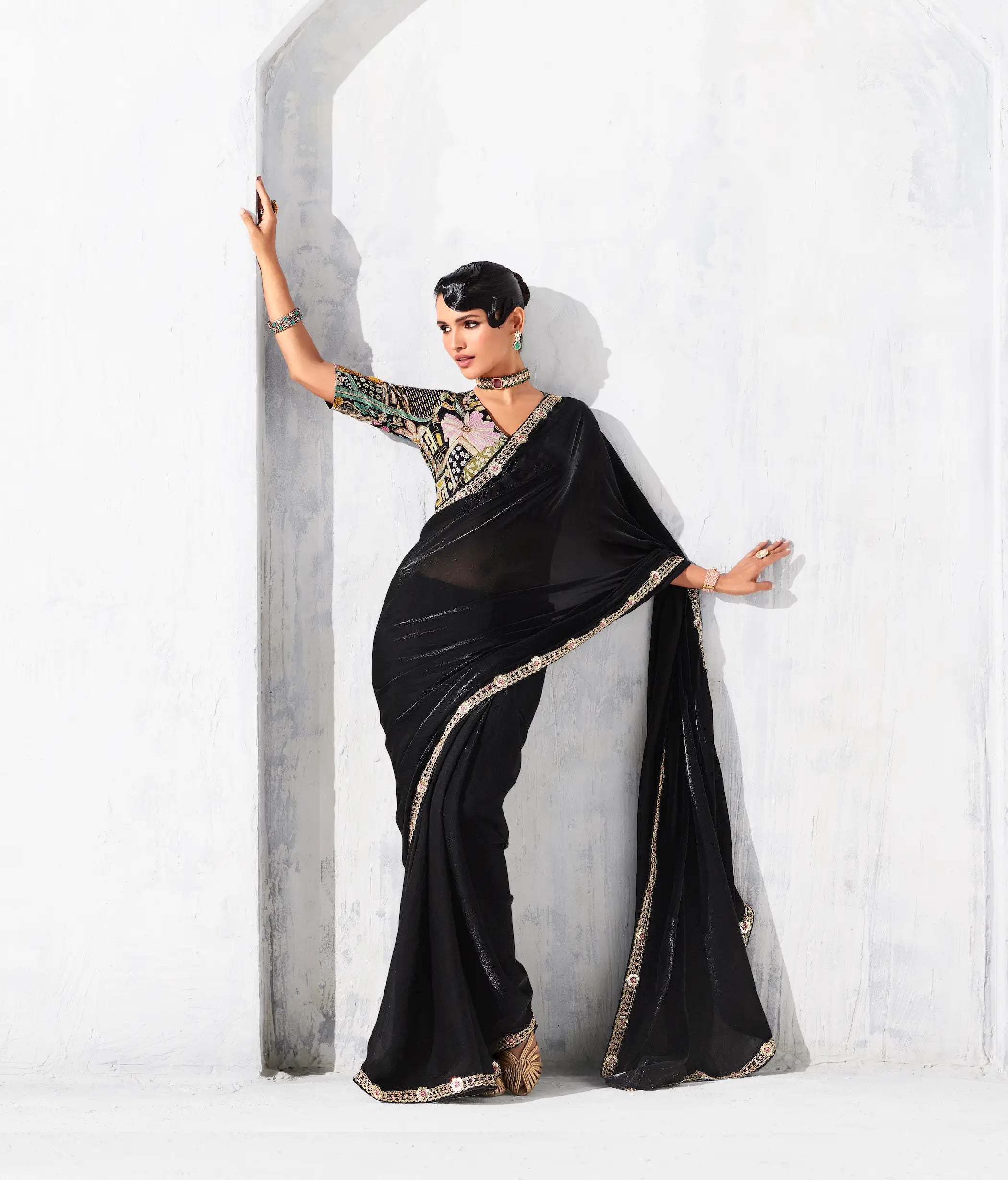 Hot Black Glass Tissue Embroidery Party Wear Saree