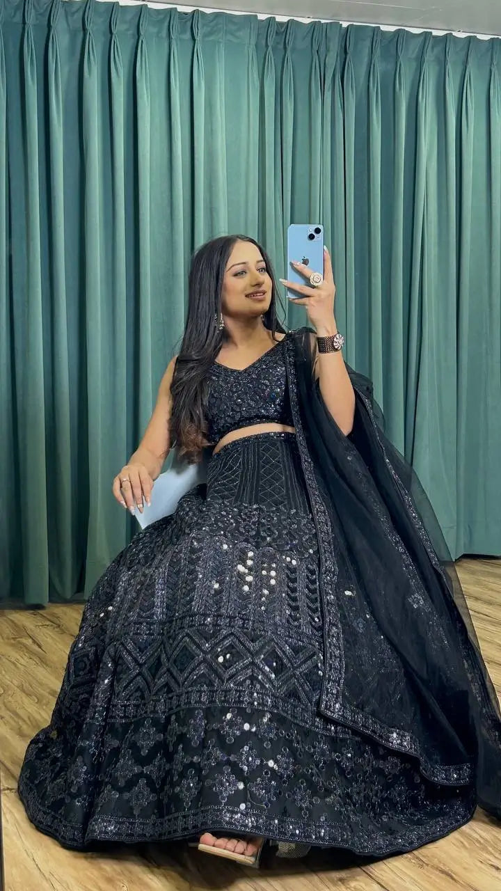Hot Black Net Lehenga Choli Dori & Sequence Embroidery Work Lehenga Choli
