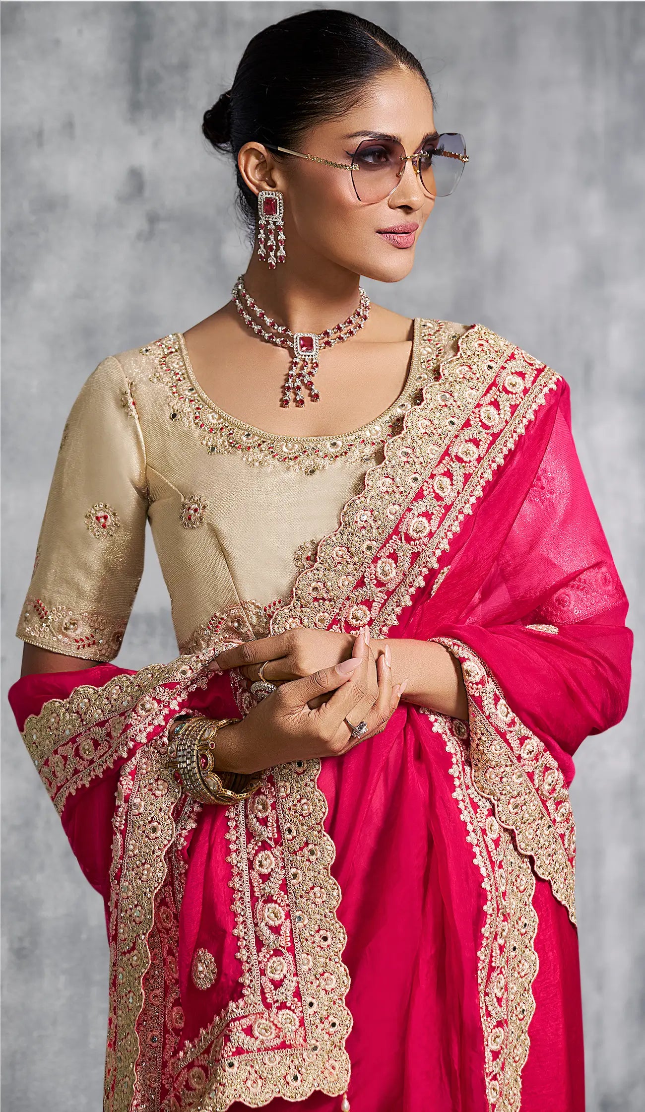 Hot Pink Satin Silk  Hand Work & Embroidery Saree
