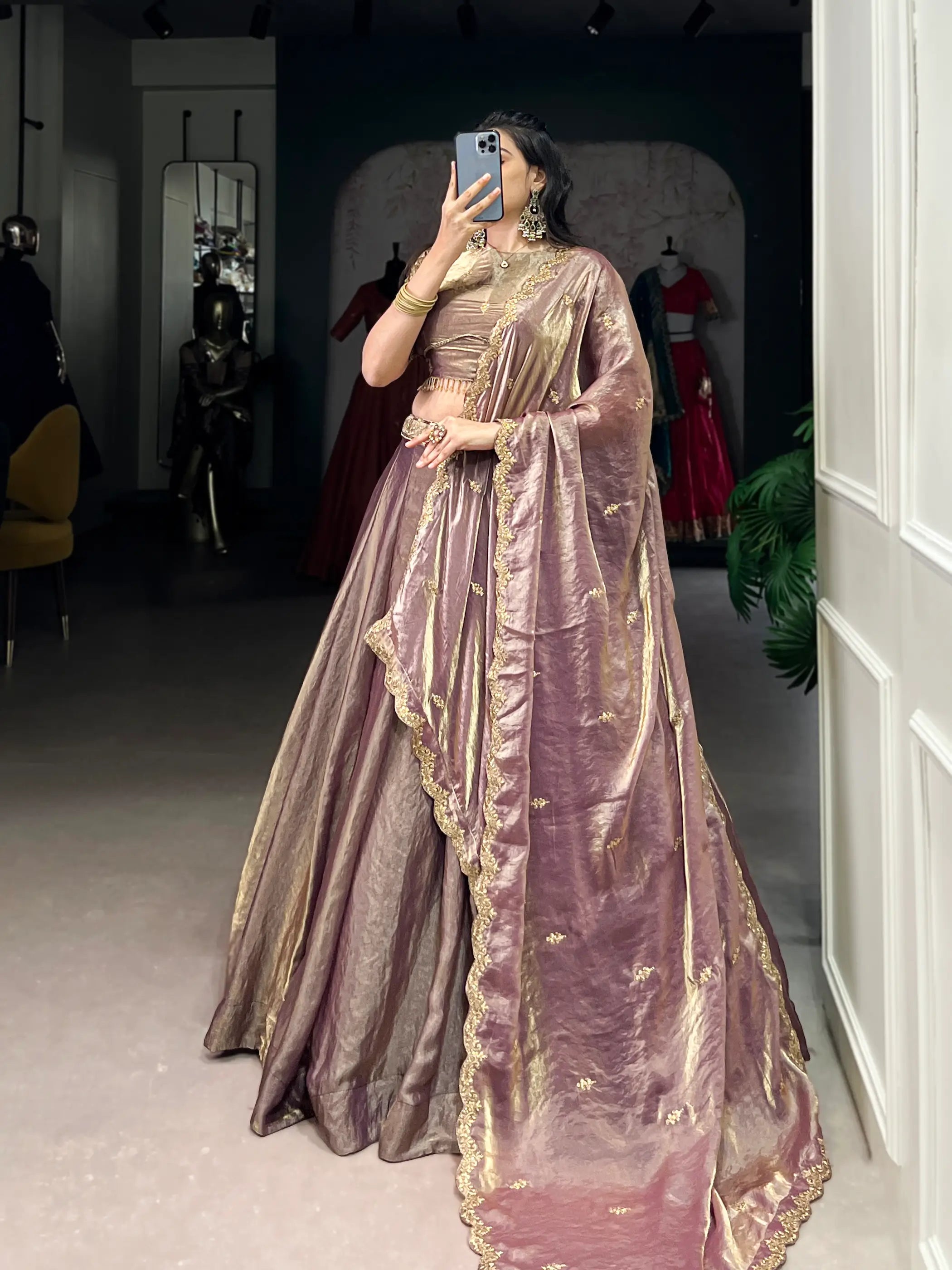 Lavender Fendi Silk Sequins Embroidery Lehenga Choli