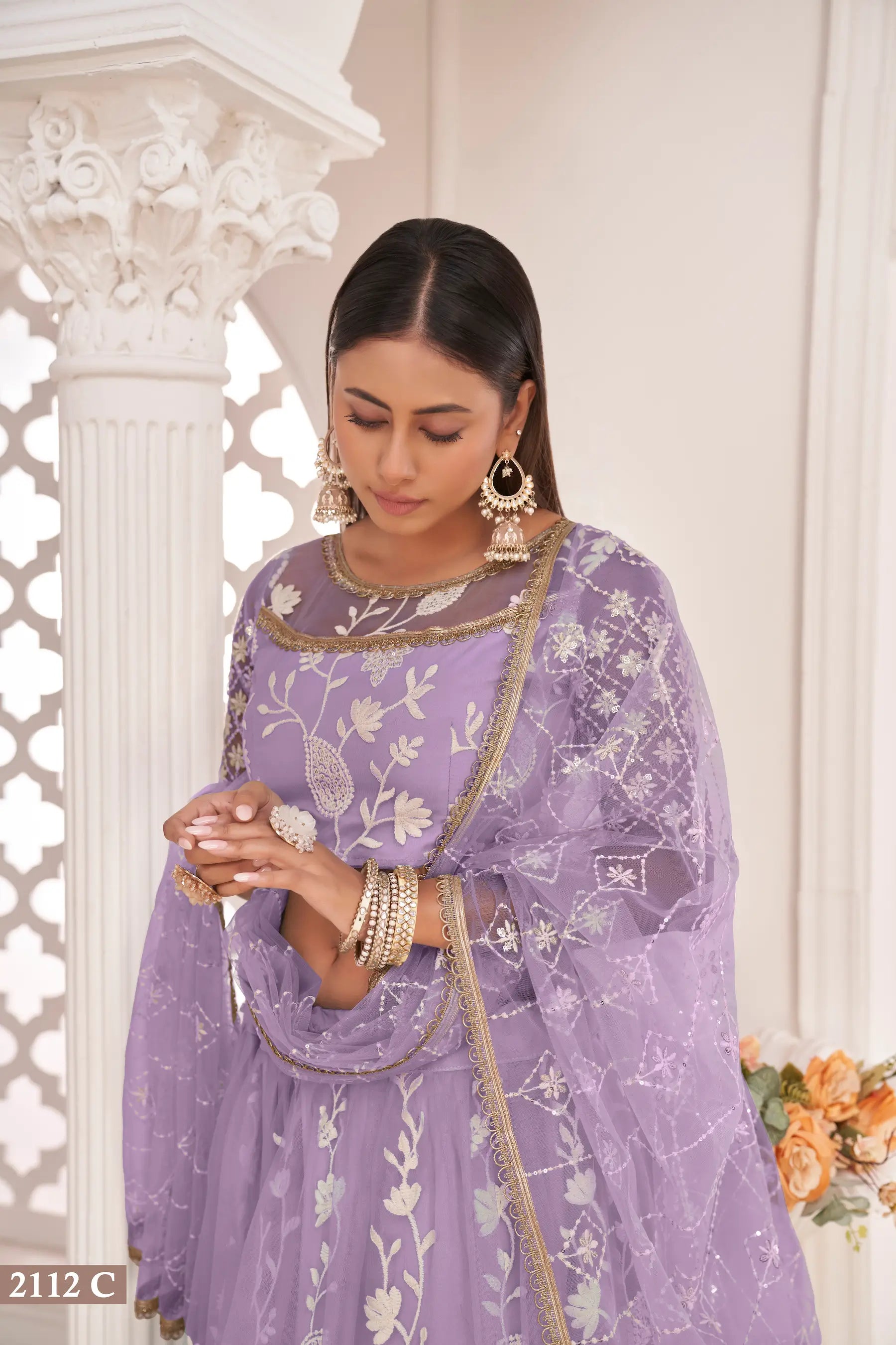 Lavender Net Lehenga Choli With White Cotton Thread Work, Zari Work & Sequence Work