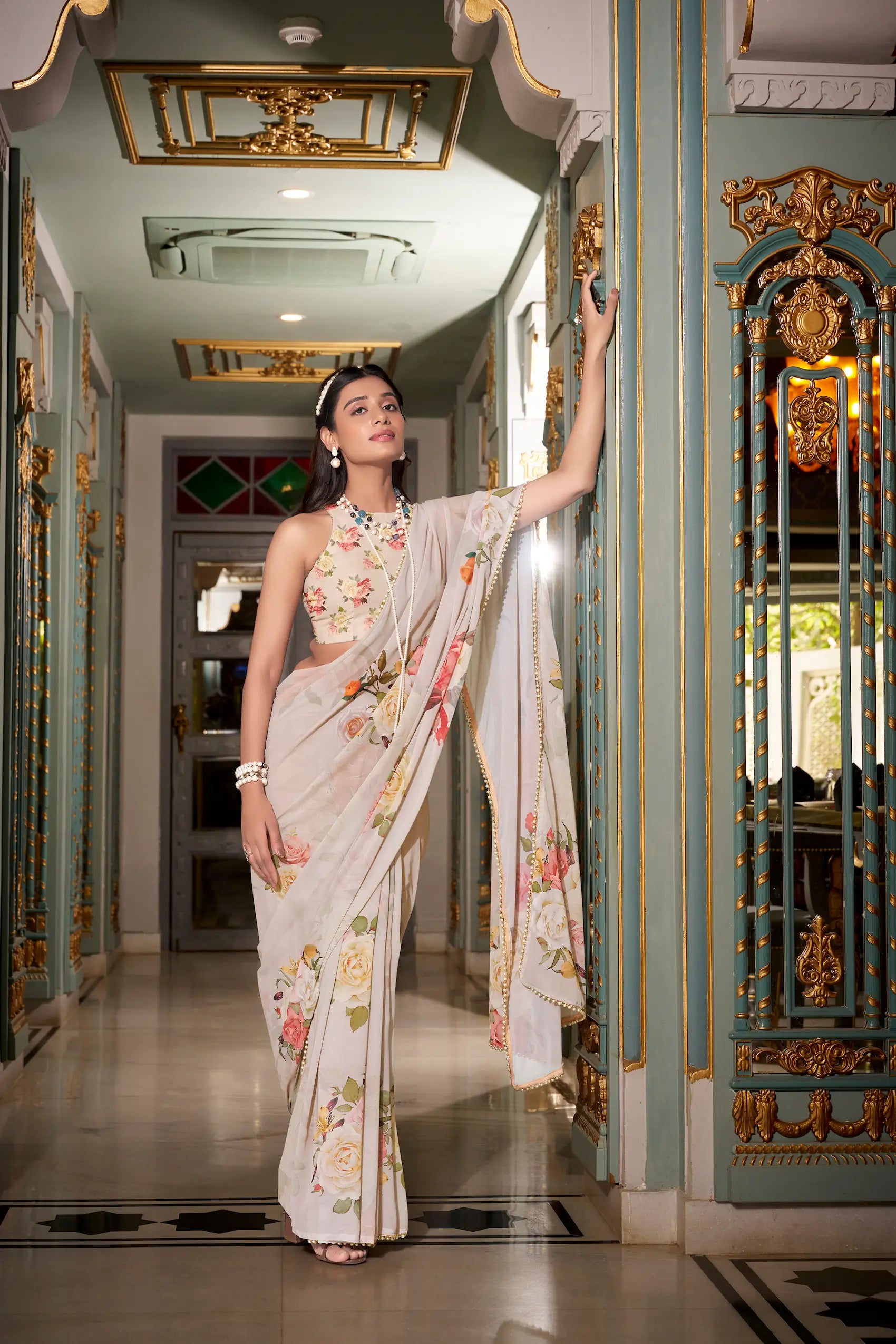 Light Beige Georgette Floral Print & Pearl Lace Border Saree