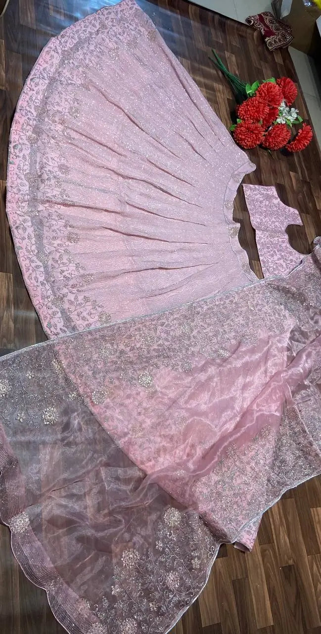 Light Pink Shimmer Dori Sequins Embroidery Work Georgette Lehenga Choli