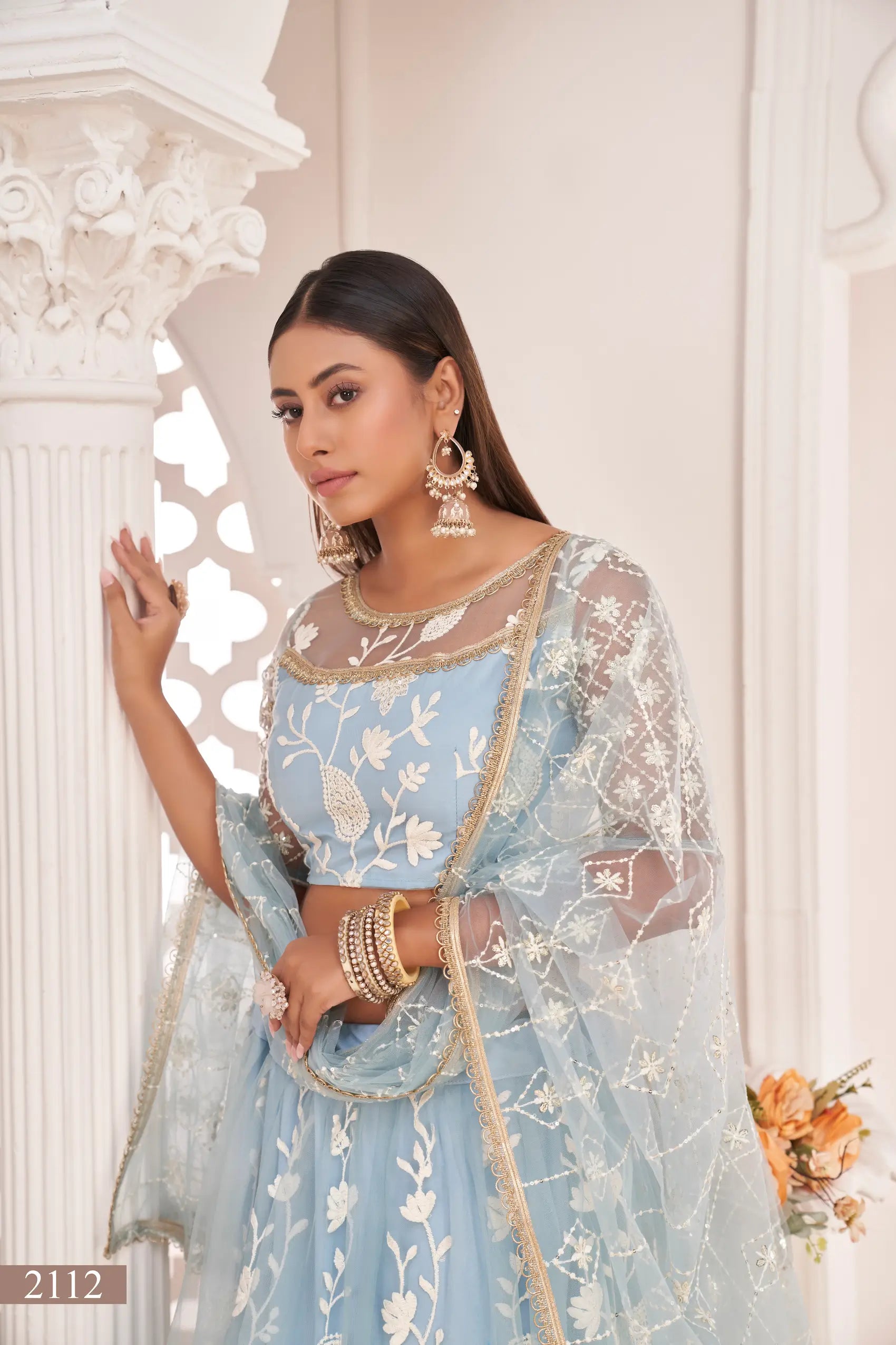 Light Sky Net Lehenga Choli With White Cotton Thread Work, Zari Work & Sequence Work