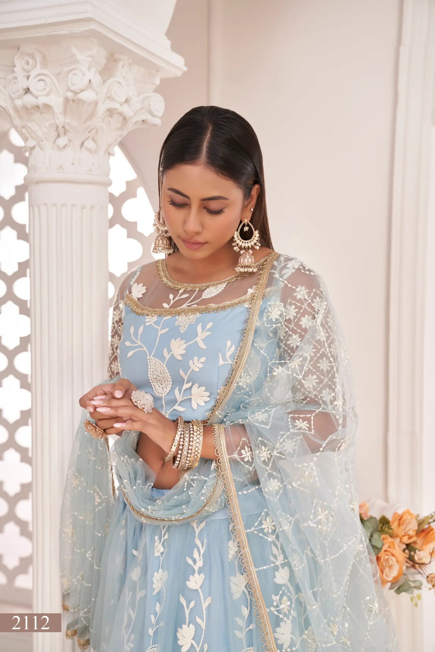 Light Sky Net Lehenga Choli With White Cotton Thread Work, Zari Work & Sequence Work
