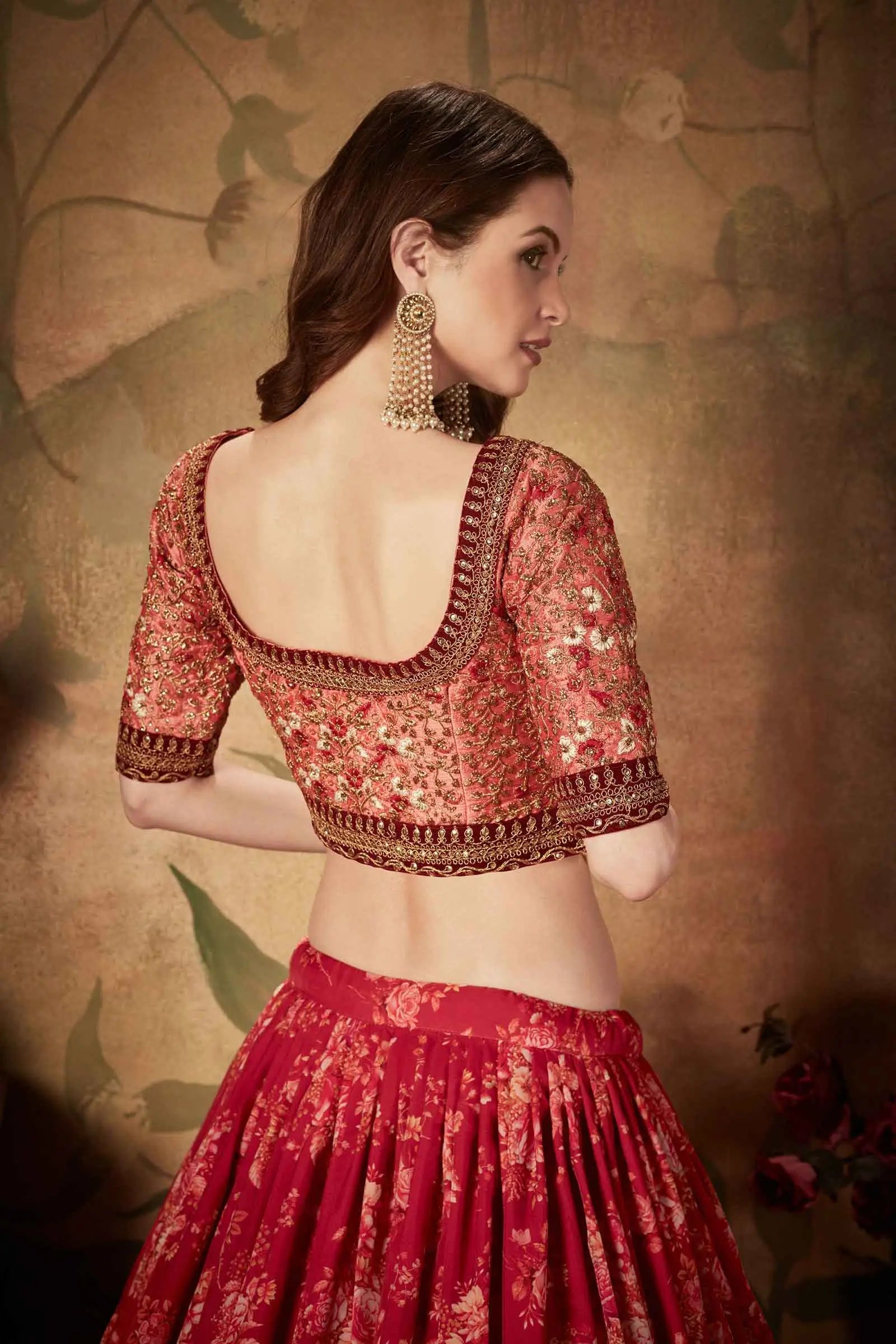 Maroon And Peach Floral Print Organza Lehenga With Sequins Work